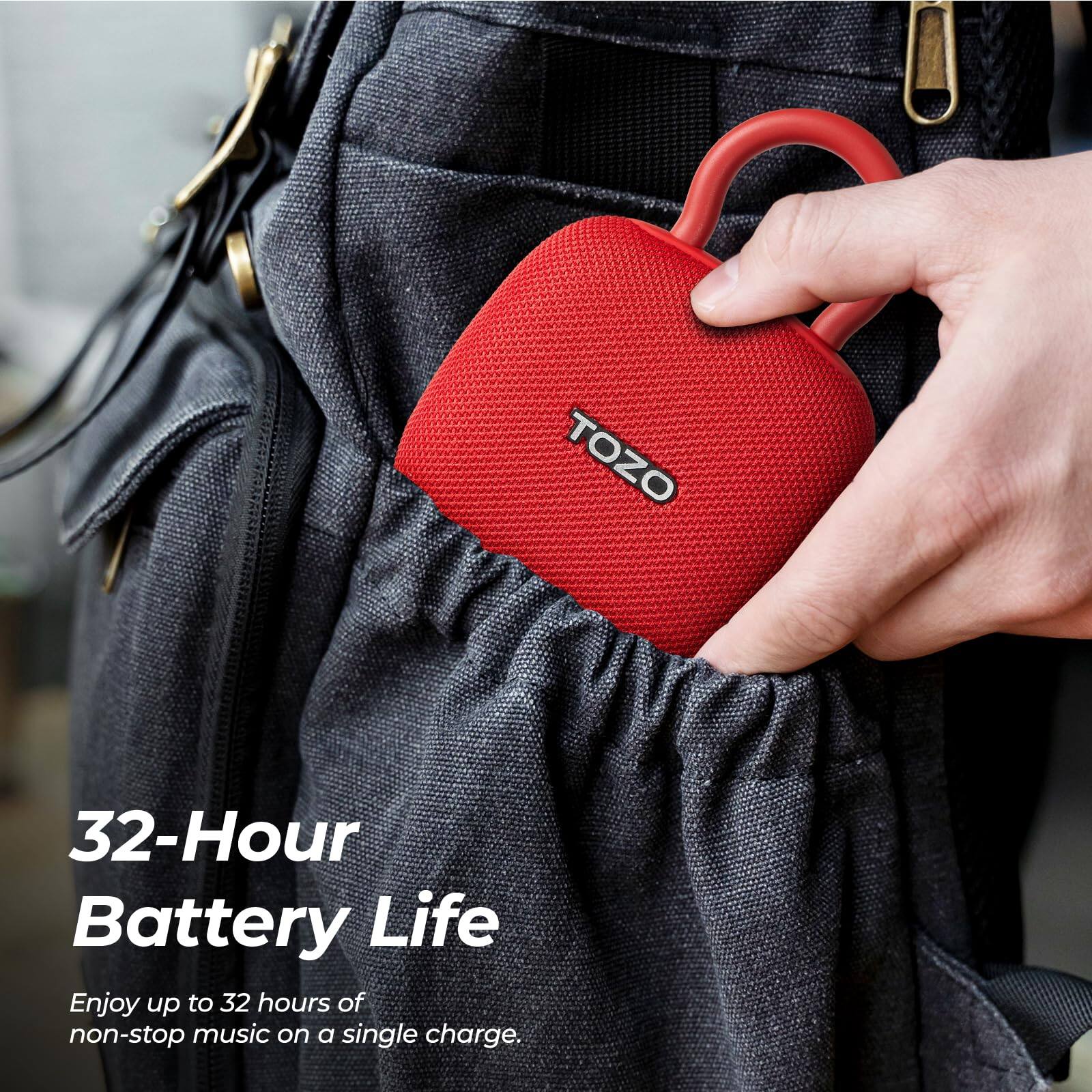 TOZO 32-Hour Battery Life  
Enjoy up to 32 hours of non-stop music on a single charge.