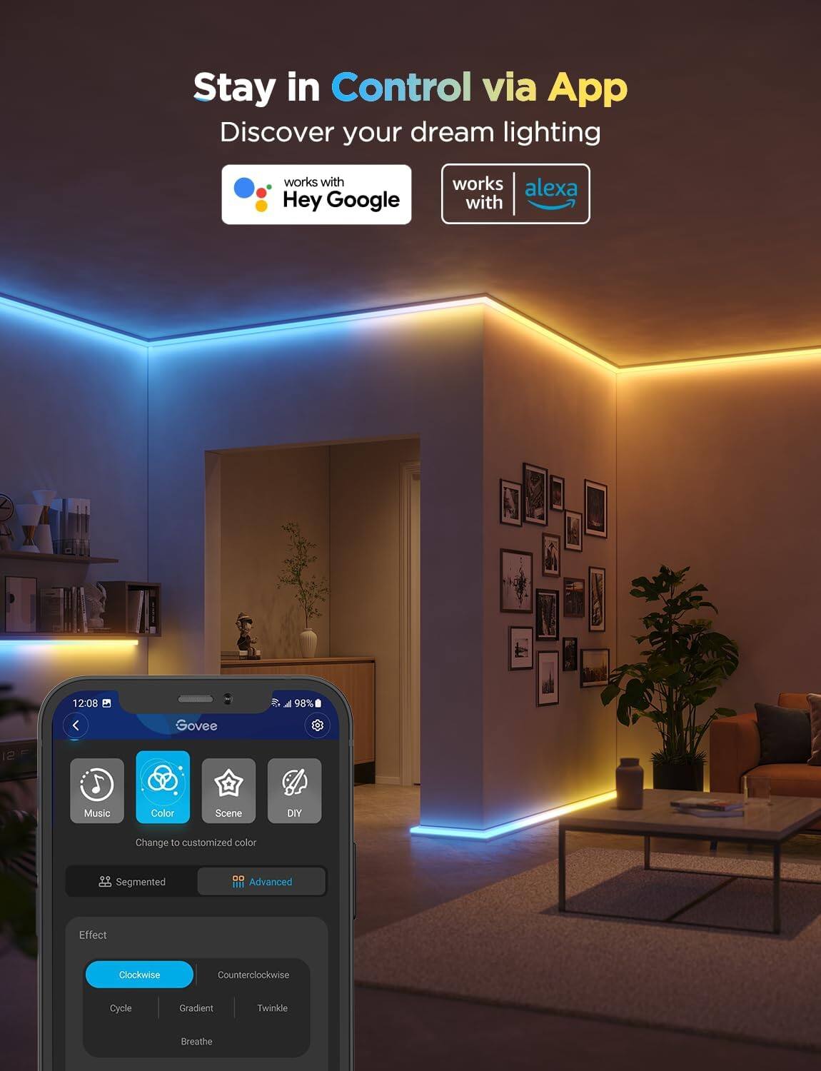 Stay in Control via App  
Discover your dream lighting  

works with Hey Google  
works with Alexa  

Govee  

Music  
Color  
Scene  
DIY  

Change to customized color  

Segmented  
Advanced  

Effect  
Clockwise  
Counterclockwise  
Cycle  
Gradient  
Twinkle  
Breathe