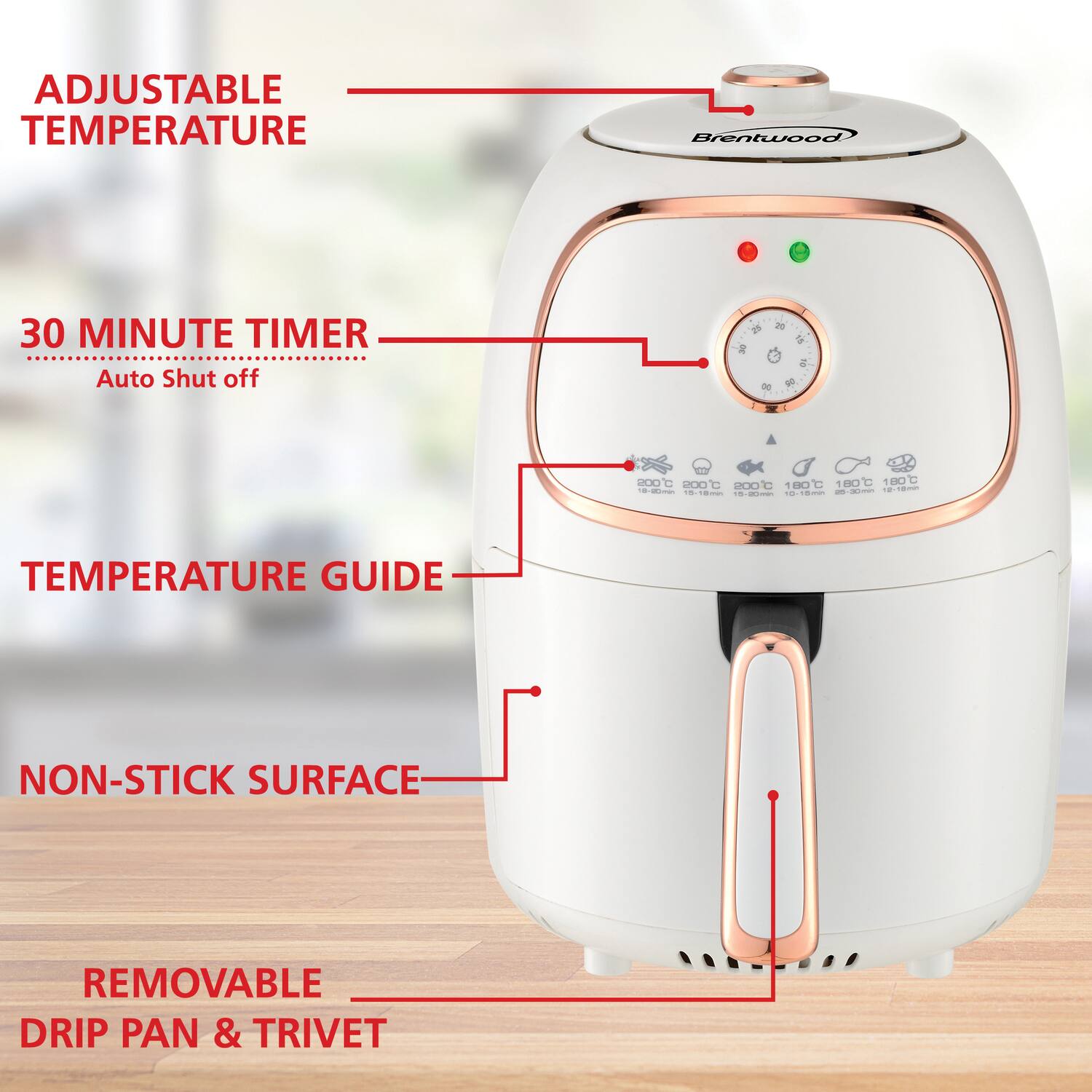 - ADJUSTABLE TEMPERATURE
- 30 MINUTE TIMER
  - Auto Shut off
- TEMPERATURE GUIDE
- NON-STICK SURFACE
- REMOVABLE DRIP PAN & TRIVET