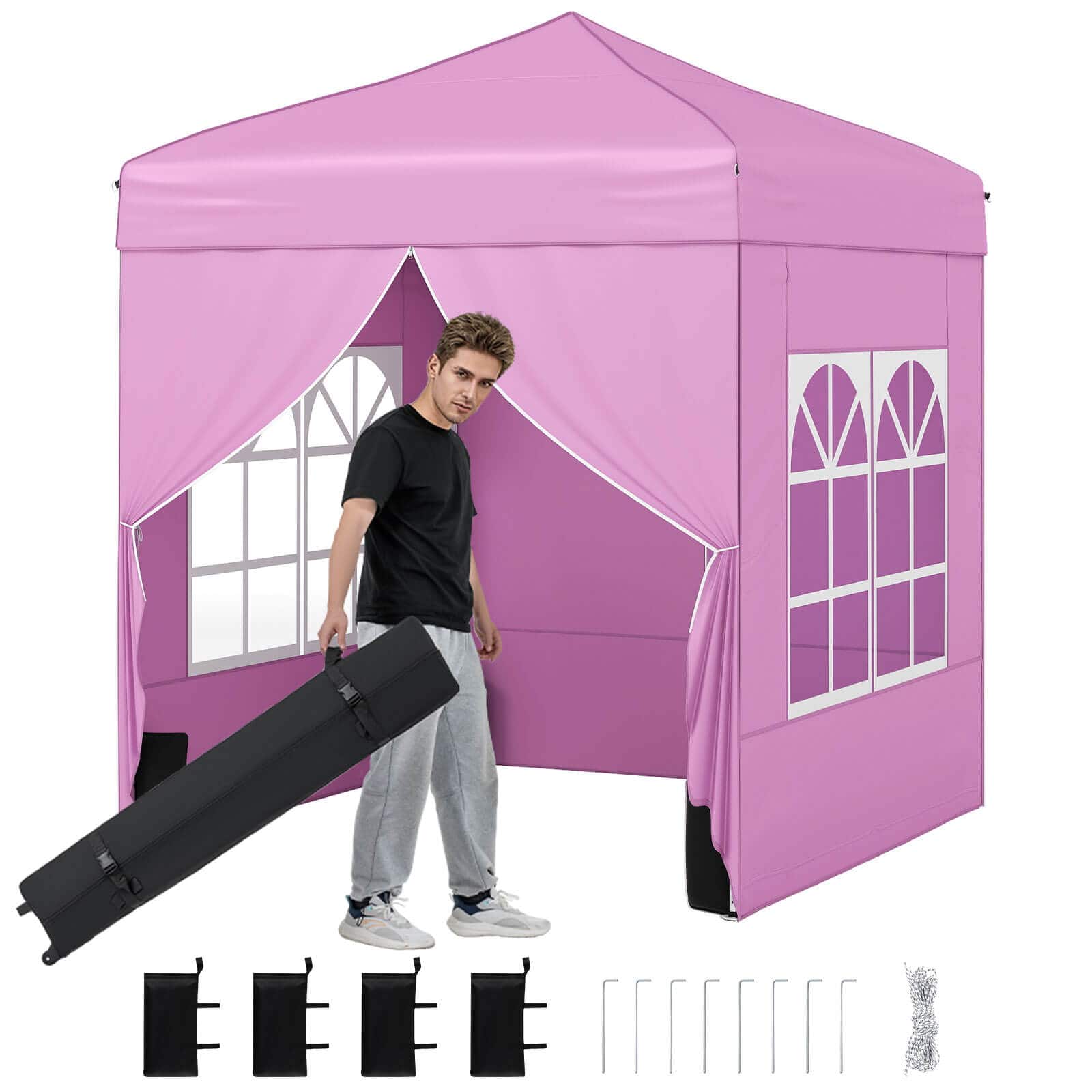 Front. Costway - Costway 6.5 x 6.5 FT Pop up Canopy Tent with 4 Sidewalls, Wheeled Bag, 4 Sandbags, 8 Stakes - Pink.