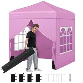 Costway - 6.5 x 6.5 FT Pop up Canopy Tent with 4 Sidewalls, Wheeled Bag, 4 Sandbags, 8 Stakes - Pink
