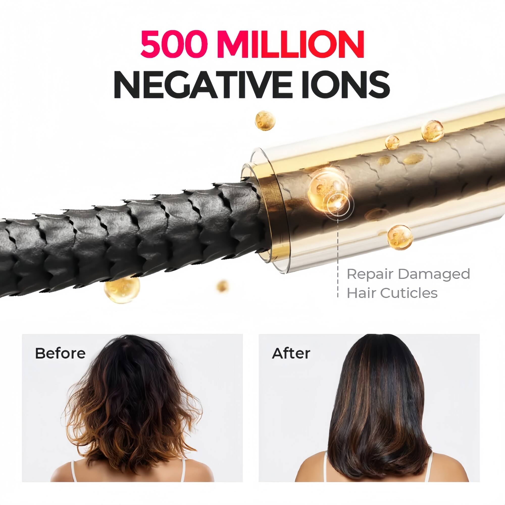 500 MILLION NEGATIVE IONS  
Repair Damaged Hair Cuticles  

Before  
After