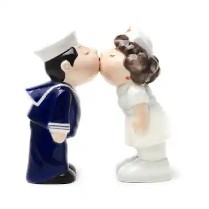 Front. Pacific Trading - Nurse and Sailor Kissing Magnetic Ceramic Salt and Pepper Shakers - Multicolor.