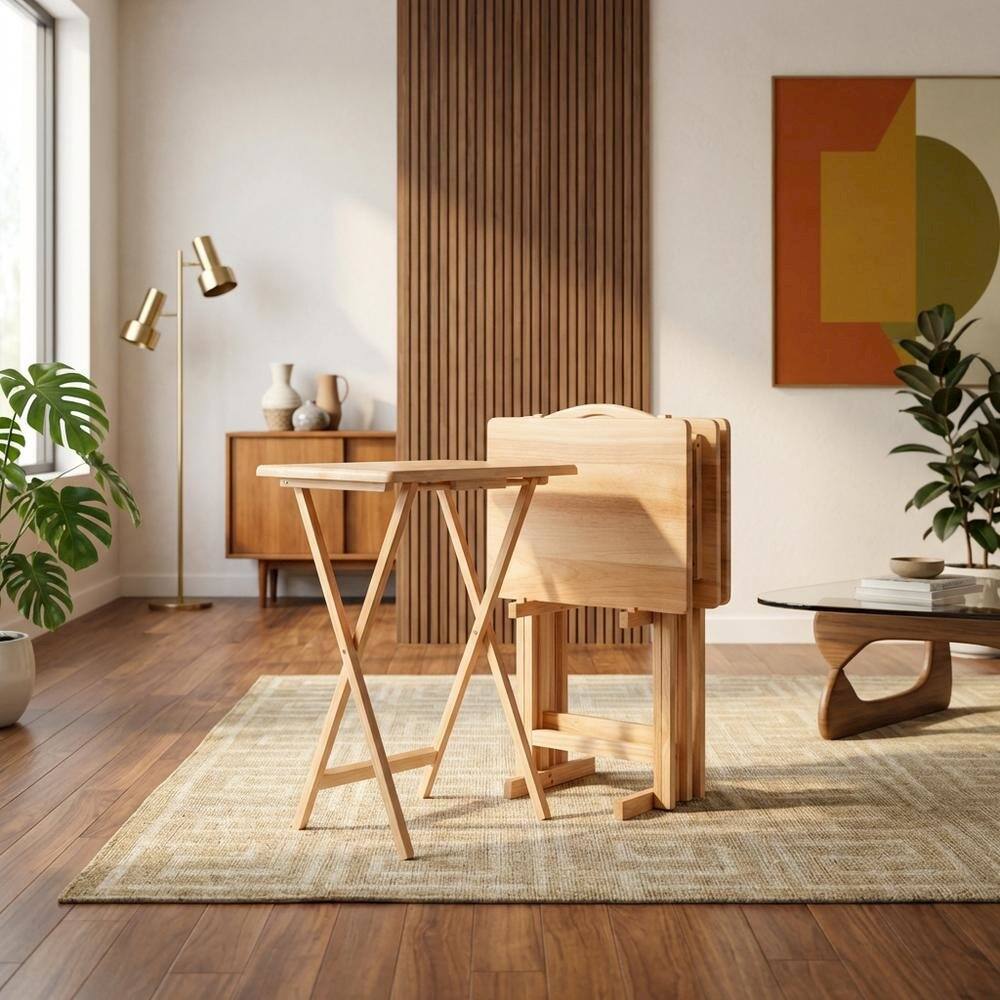 Alt View 4. FurniFact - 5-PC Folding Tray Table Set - Natural.