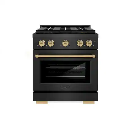 Front. ZLINE - Autograph 30 in. 4.2 cu. ft. Manual Clean Freestanding DuoPro Gas Range in Black SatinSteel and Bronze Accents - Black Satin Stainless Steel.