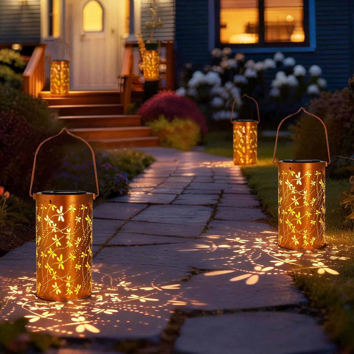 Alt View 3. COWIN - Hollow Metal Dragonfly Solar LED Hanging Lanterns Waterproof Outdoor Lights for Patio Yard Porch - Bronze.