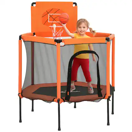 Front. Qaba - 48" Trampoline, Enclosure Net, Basketball Hoop, Mini Indoor Outdoor, Gifts - Orange.