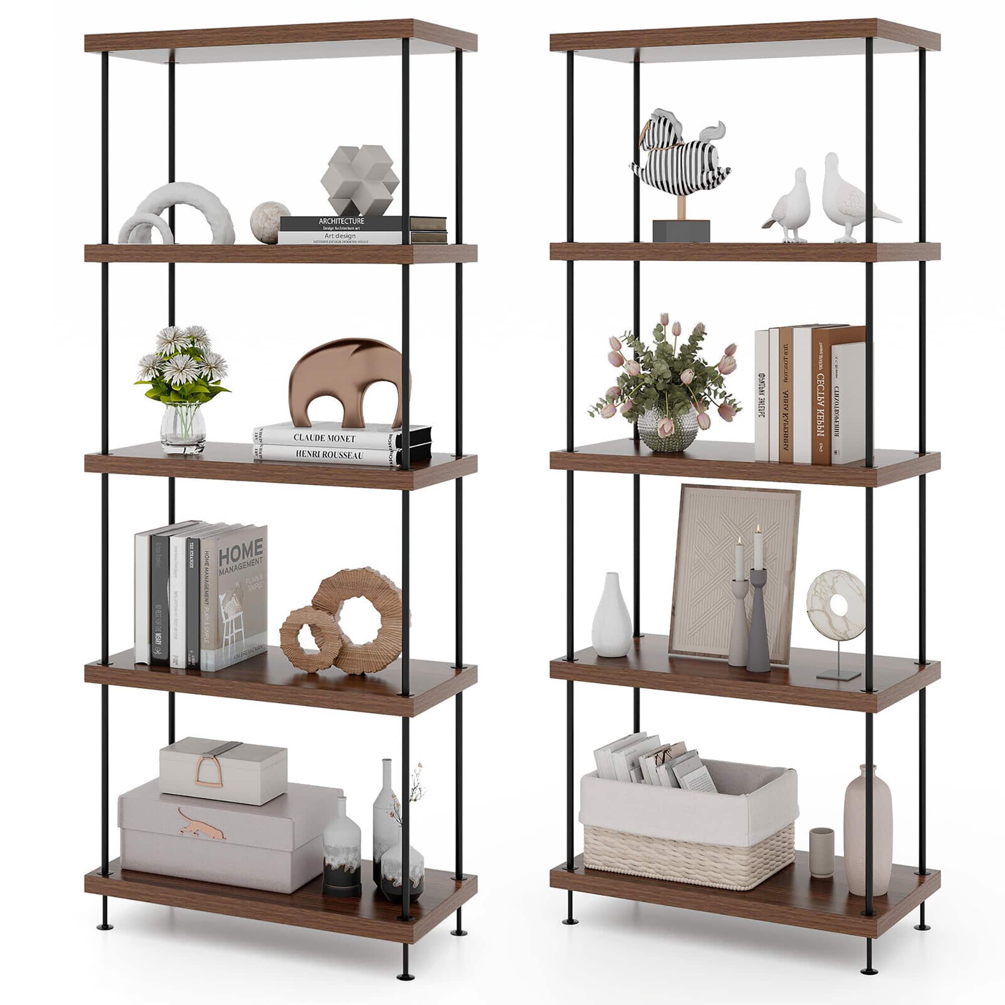 Gymax - 2PCS 5-Tier Multipurpose Display Rack Freestanding Bookshelf w/ Metal Frame - Walnut
