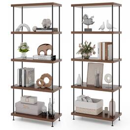Gymax - 2PCS 5-Tier Multipurpose Display Rack Freestanding Bookshelf w/ Metal Frame - Walnut