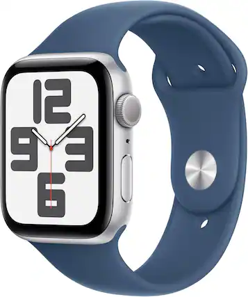 Angle. Apple - Apple Watch SE 2nd Generation (GPS) 44mm Aluminum Case with Denim Sport Band - S/M - Silver.
