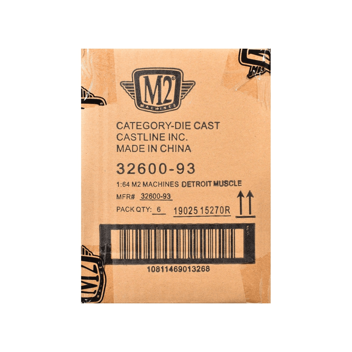 M2 MACHINES  
CATEGORY-DIE CAST  
CASTLINE INC.  
MADE IN CHINA  
32600-93  
1:64 M2 MACHINES DETROIT MUSCLE  
MFR# 32600-93  
PACK QTY: 6  
19025 15270R  
LVIZ  
10811469013268
