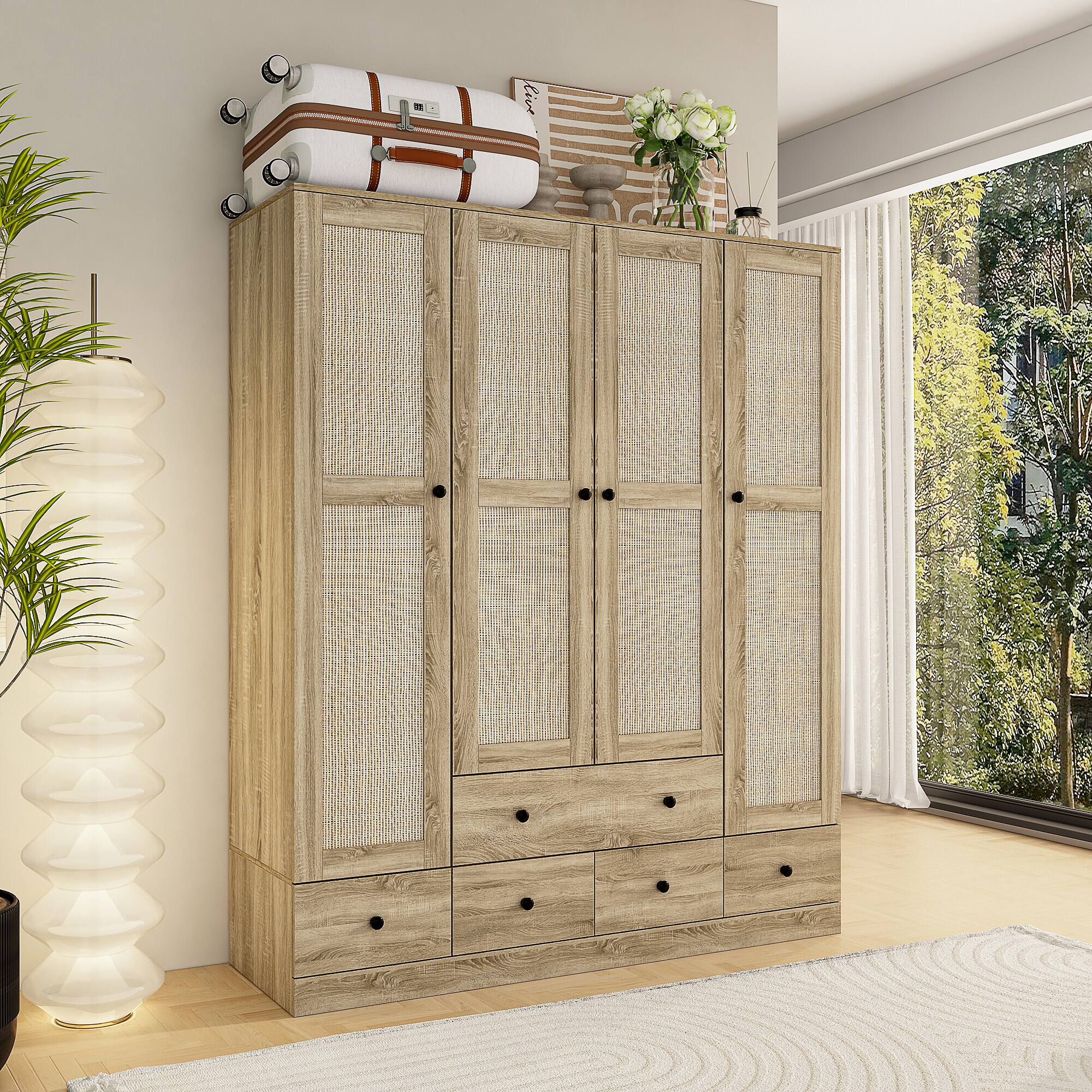 Angle. Famapy - Woven Rattan Wardrobe with Large Hanging Space, Multi-Shelf Storage & Drawers for Bedroom & Closet - Wooden.
