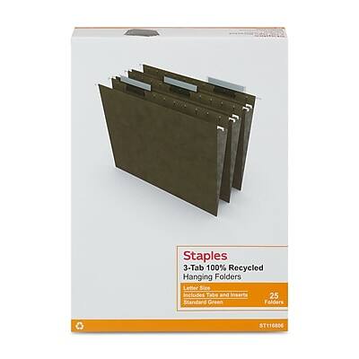 Staples  
3-Tab 100% Recycled  
Hanging Folders  
Letter Size  
Includes Tabs and Inserts  
25 Standard Green Folders  
ST116806
