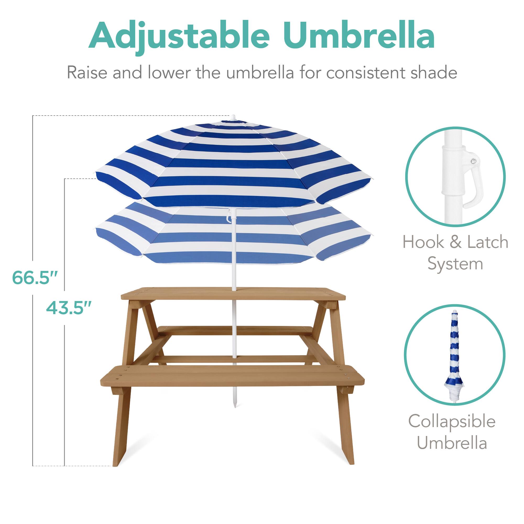 Adjustable Umbrella

Raise and lower the umbrella for consistent shade

66.5"  
43.5"

Hook & Latch System

Collapsible Umbrella