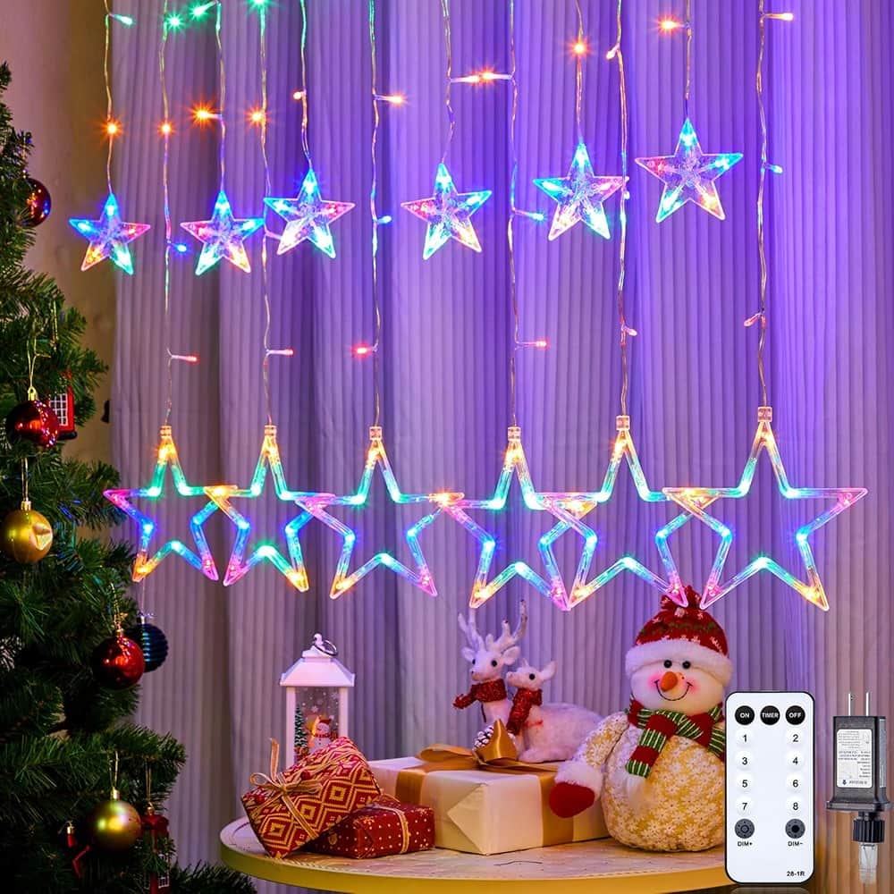 MOSZAR LLC - LED Star Curtain Lights – 138 LEDs, 12 Stars, Remote & Timer, Dimmable