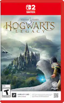 The image features a video game called "Hogwarts Legacy" for the Nintendo Switch. The game is rated "Teen" and is developed by Portkey Games. The game requires a full 24 GB download via the internet, as indicated on the back of the game. The game card is designed by Warner Bros. Games and is part of the Nintendo Switch game system.