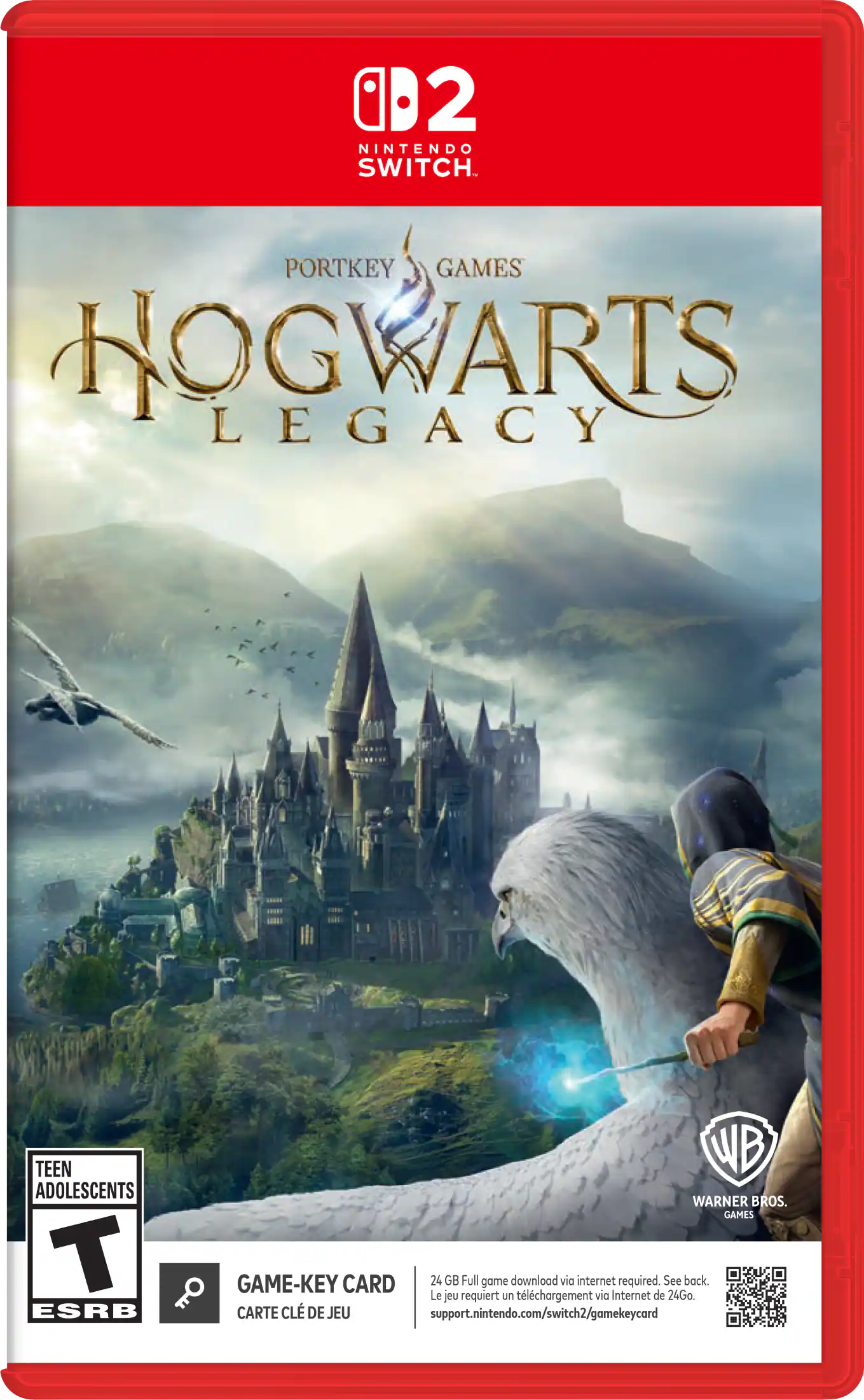 The image features a video game called "Hogwarts Legacy" for the Nintendo Switch. The game is rated "Teen" and is developed by Portkey Games. The game requires a full 24 GB download via the internet, as indicated on the back of the game. The game card is designed by Warner Bros. Games and is part of the Nintendo Switch game system. - T (Teen 13+)