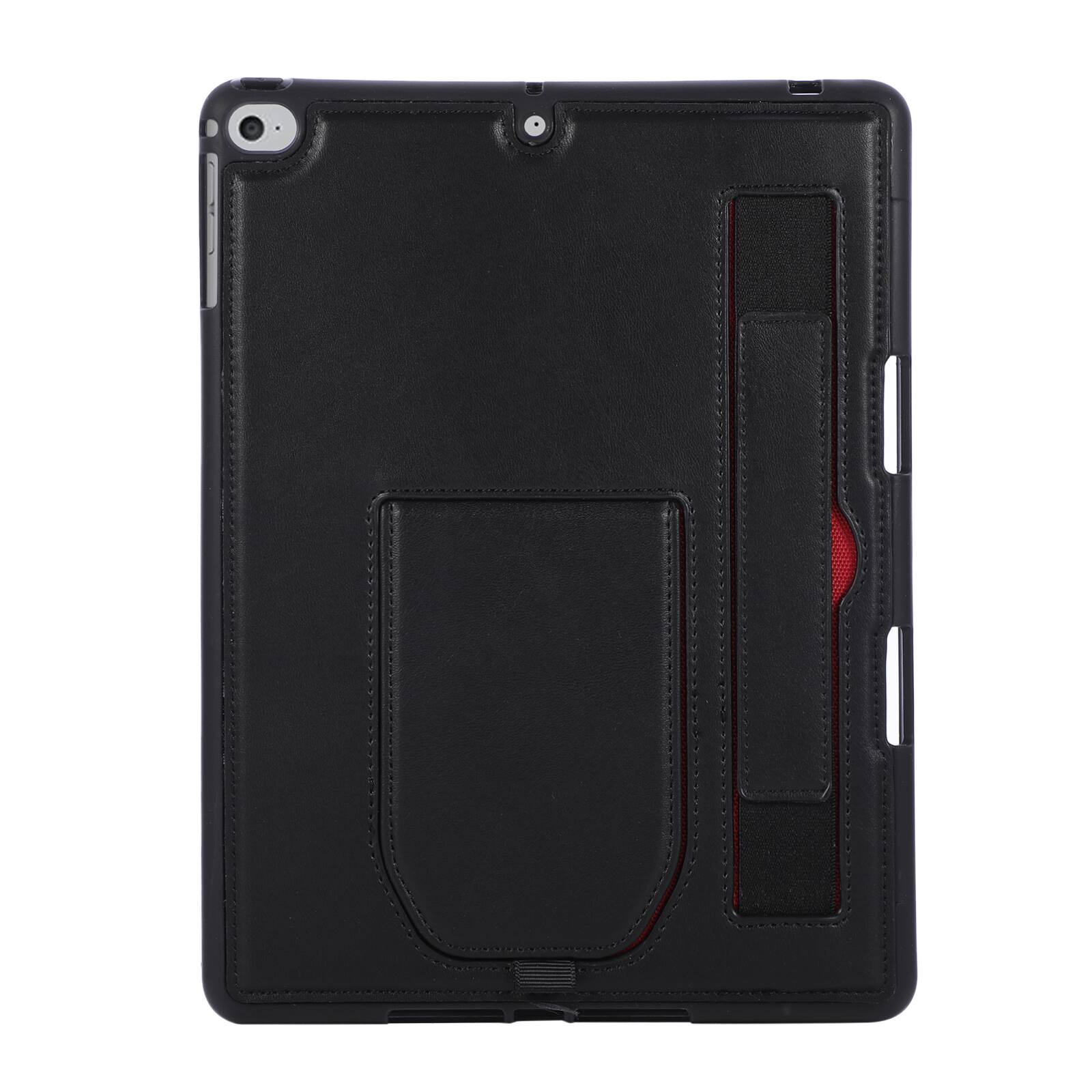 Left. Dteck - Shockproof Case for Apple iPad (6th Generation) 9.7" 2018 with Hand Strap and Kickstand, PU Leather TPU Protective Cover - Black.