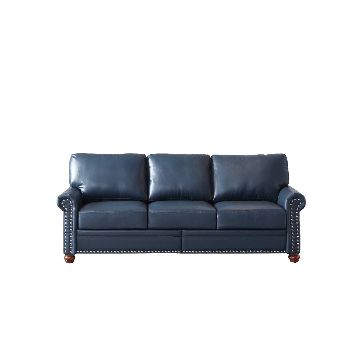 Alt View 4. Ropilly - Ropilly Navy Blue Faux Leather Sofa with Round Arms and Silver Nailhead Trim, 3 Seat Living Room Sofa - Navy Blue.