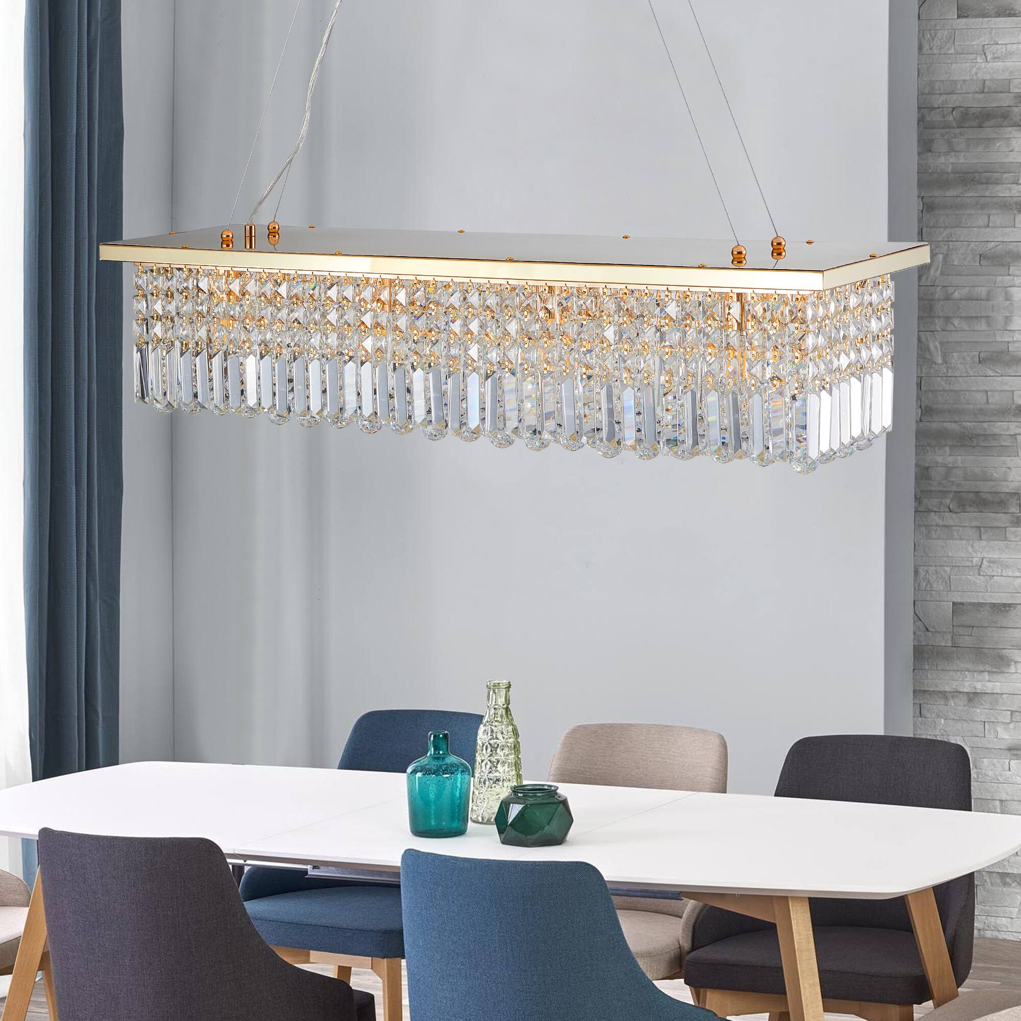 Back. APRILSOUL - Modern Crystal 8-Light Gold Rectangle Raindrop Chandelier Contemporary Rectangular Pendant Light Fixture No Bulb.
