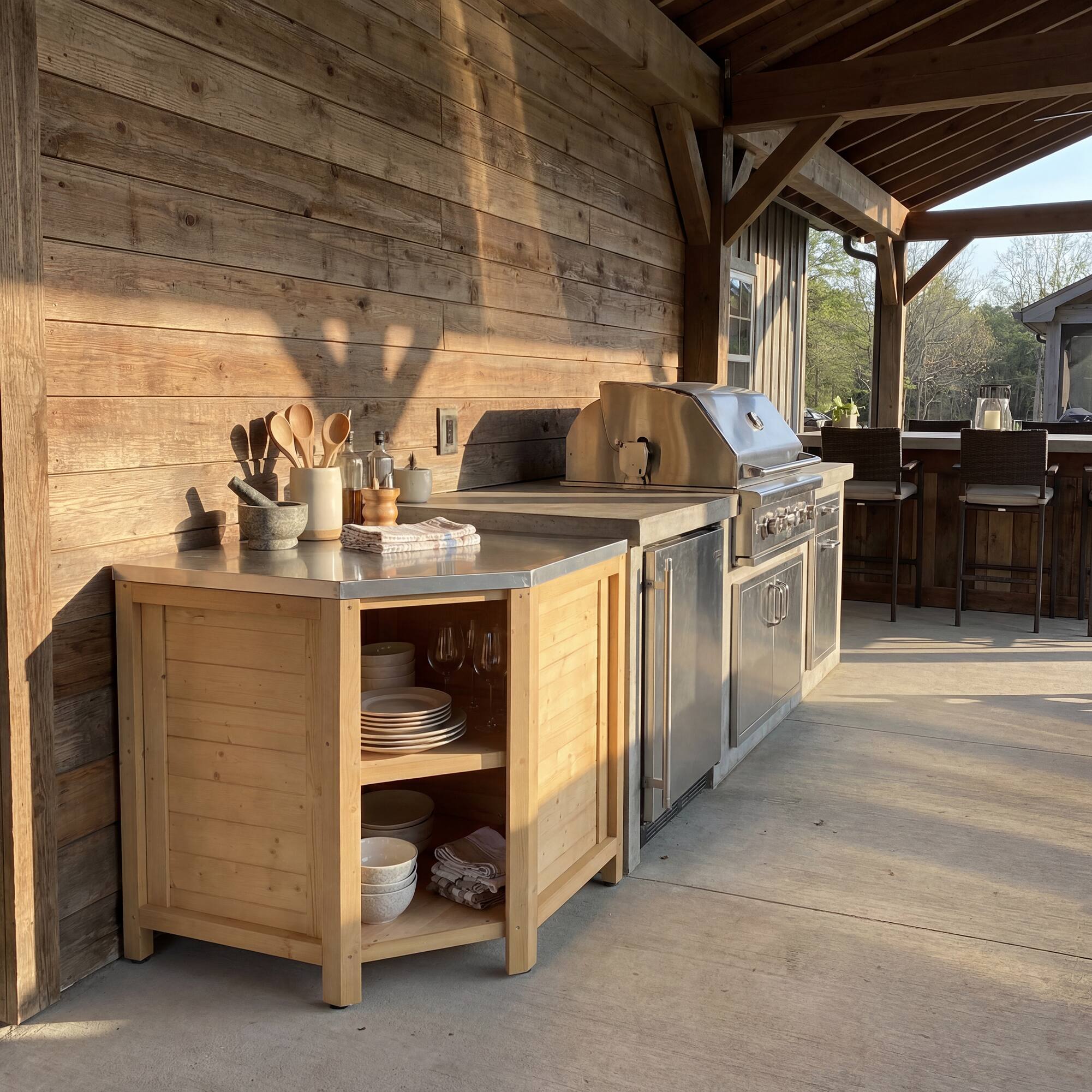 Alt View 7. Famapy - Modular Solid Cedar Outdoor Kitchen Cabinets - All-Weather Storage with Stainless Steel Top for Patio, Grill Station - Wooden.