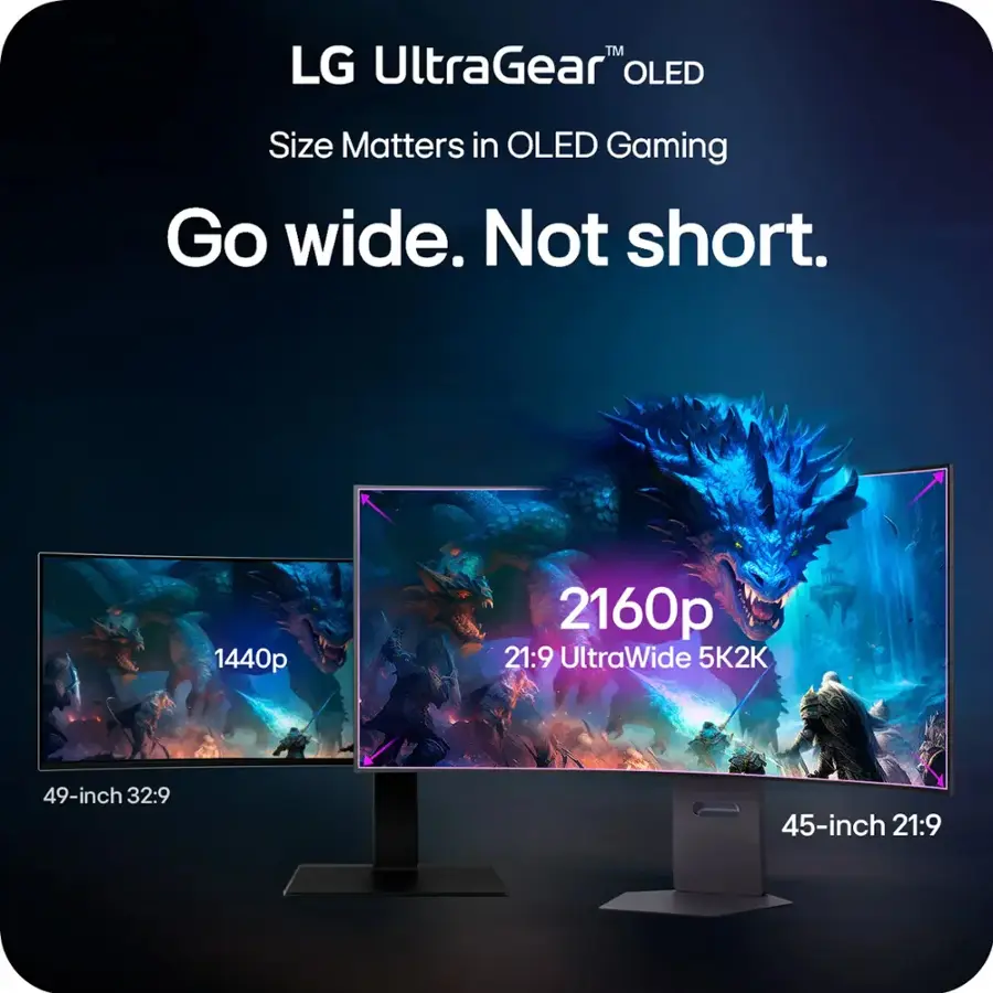 "Go wide. Not short. LG UltraGear OLED. Size Matters in OLED Gaming. 1440p 2160p 21:9 UltraWide 5K2K 49-inch 32:9 45-inch 21:9."