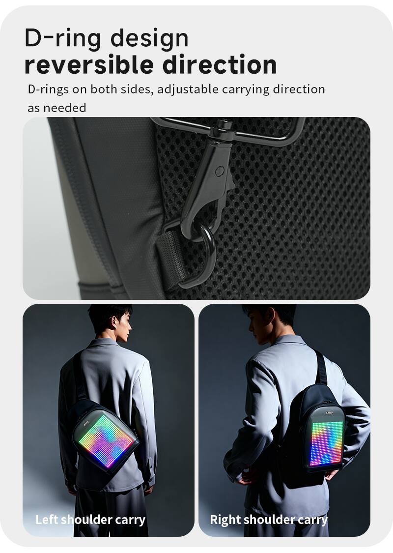 D-ring design reversible direction  
D-rings on both sides, adjustable carrying direction as needed  

Left shoulder carry  
Right shoulder carry