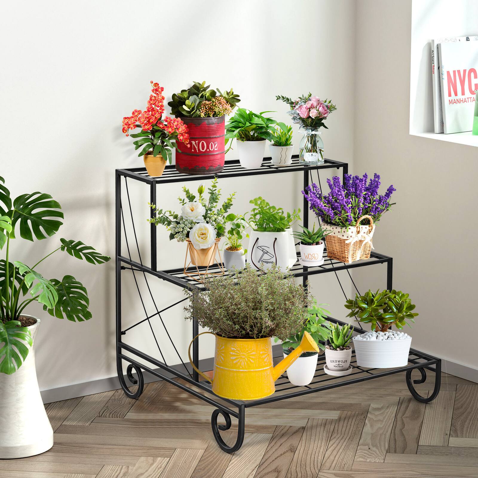 The image features a shelf with a variety of potted plants, including flowers and herbs. The shelf is placed on a wooden floor, and there are several books nearby. The plants are arranged in different sizes and types, creating an aesthetically pleasing display. The shelf is filled with a diverse collection of plants, showcasing the beauty of nature and the joy of gardening.
