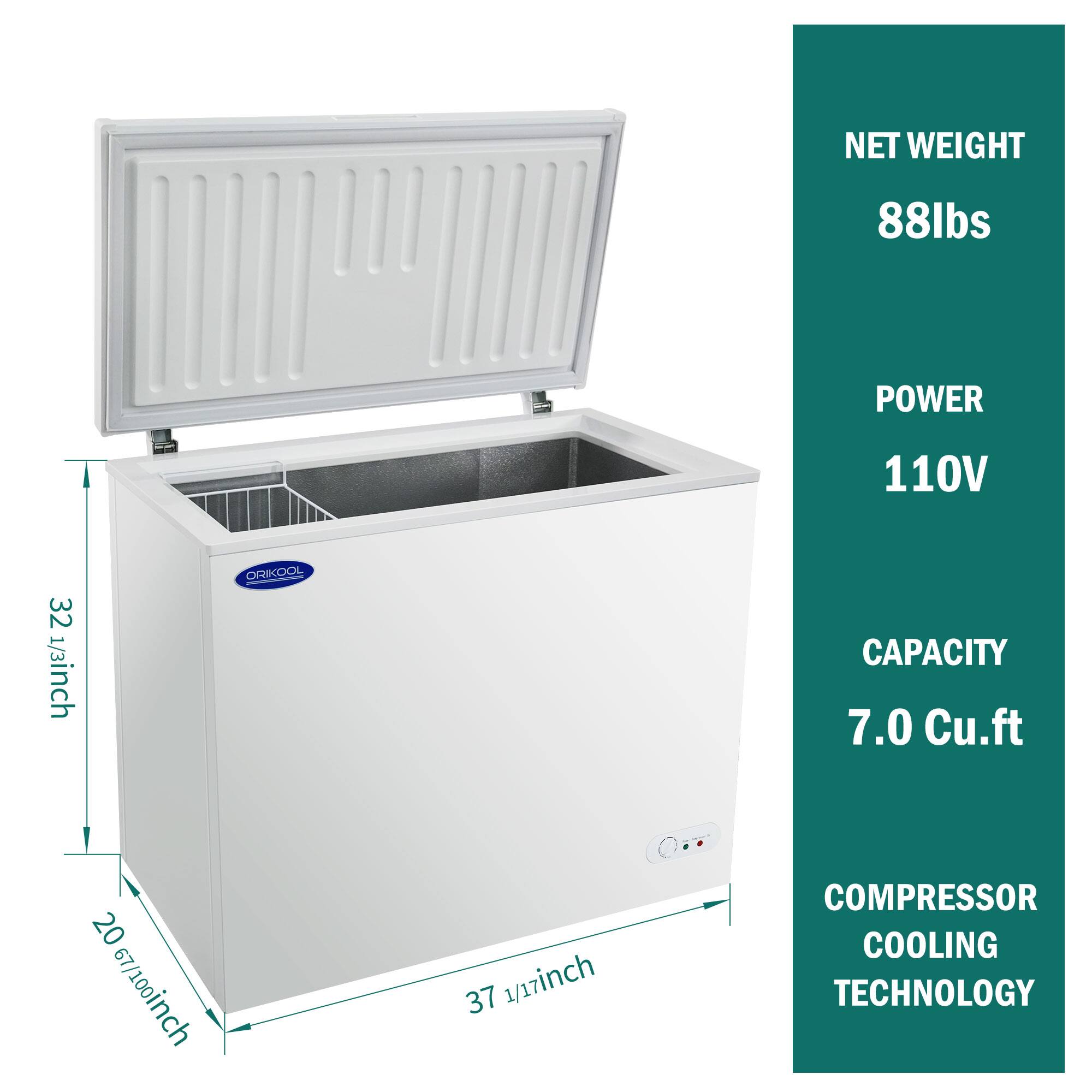 NET WEIGHT 88lbs  
POWER 110V  
CAPACITY 7.0 Cu.ft  
COMPRESSOR COOLING TECHNOLOGY  

Dimensions:  
- Height: 32 1/3 inch  
- Width: 20 67/100 inch  
- Depth: 37 1/17 inch