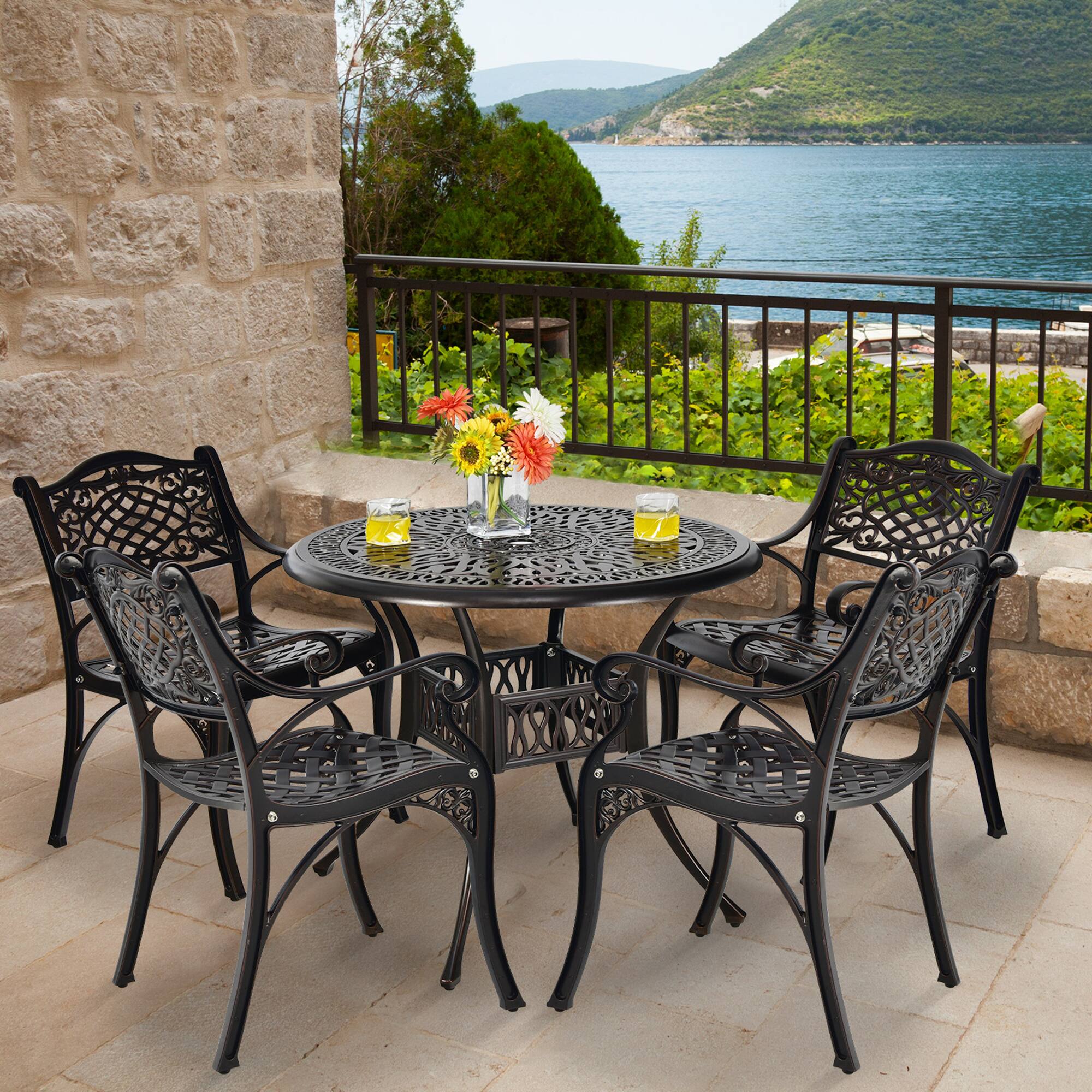 Front. Gymax - Gymax 5PCS Cast Aluminum Patio Bistro Set Outdoor Dining Table & Chair Furniture Set - as pic.