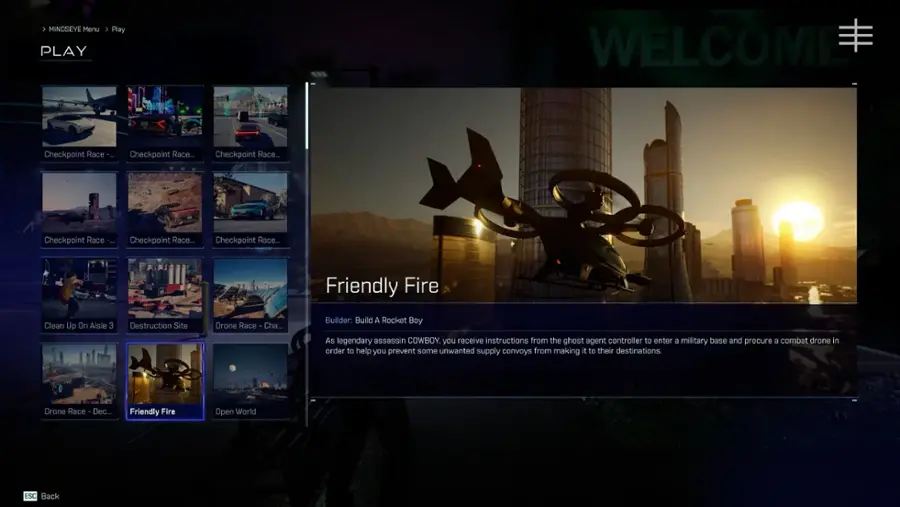 The text on the image can be grouped and corrected as follows:

1. Play Menu:
* Checkpoint Race
* Checkpoint Race
* Checkpoint Race
* Checkpoint Race
* Friendly Fire
* Clean Up On Aisle 3
* Destruction Site
* Drone Race
* Builder: Build A Rocket
* Boy As legendary assassin COWBOY.

The image shows a menu with different options, including a game called "Friendly Fire." The options are displayed in a list, and the user can choose from them to play the game or access other features.