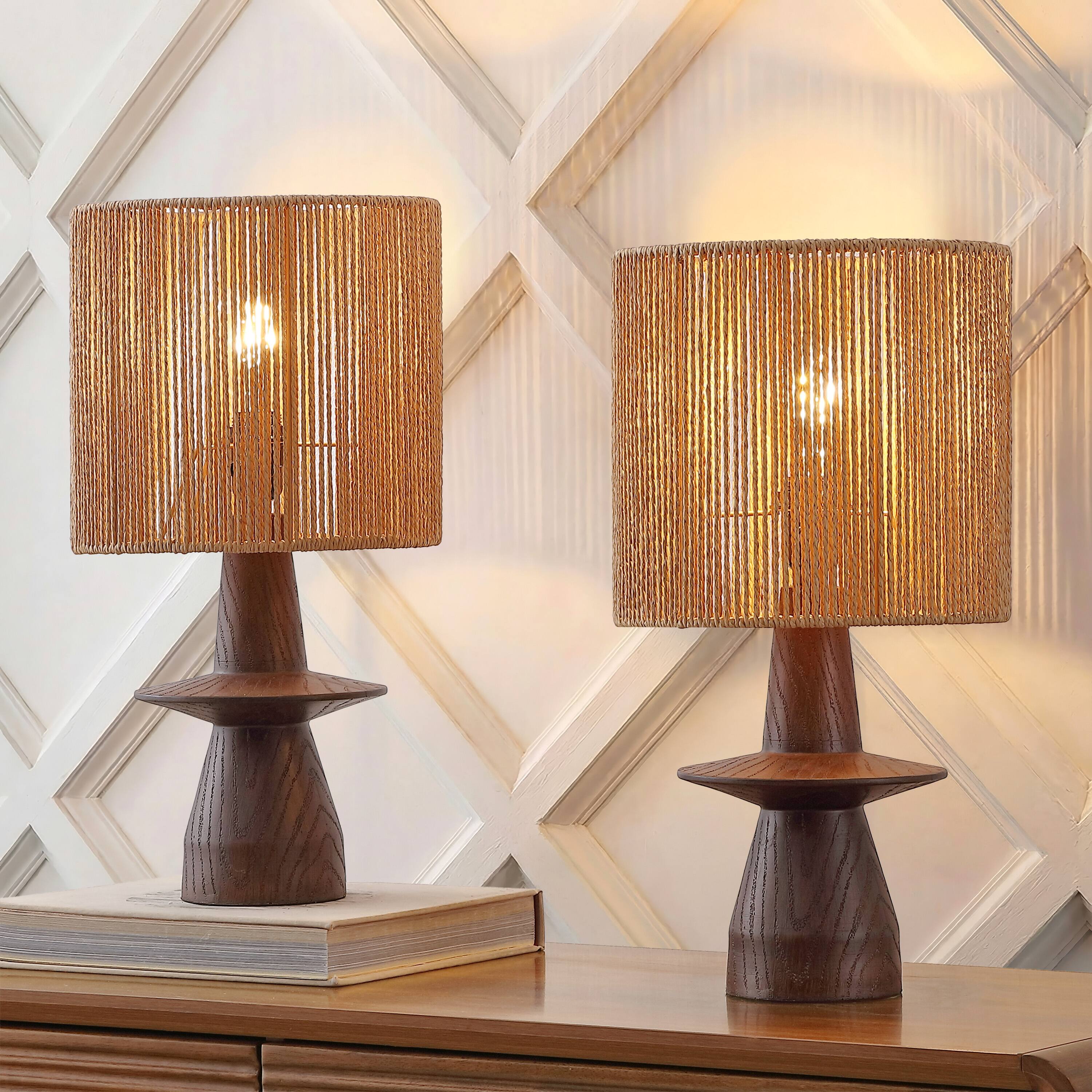 Alt View 1. Jonathan Y - Rickie 19 in. Sculptural Resin with Hand-Woven Paper Rope Drum Shade LED Table Lamp, Dark Brown Wood Finish (Set of 2) - Dark Brown Wood Finish.