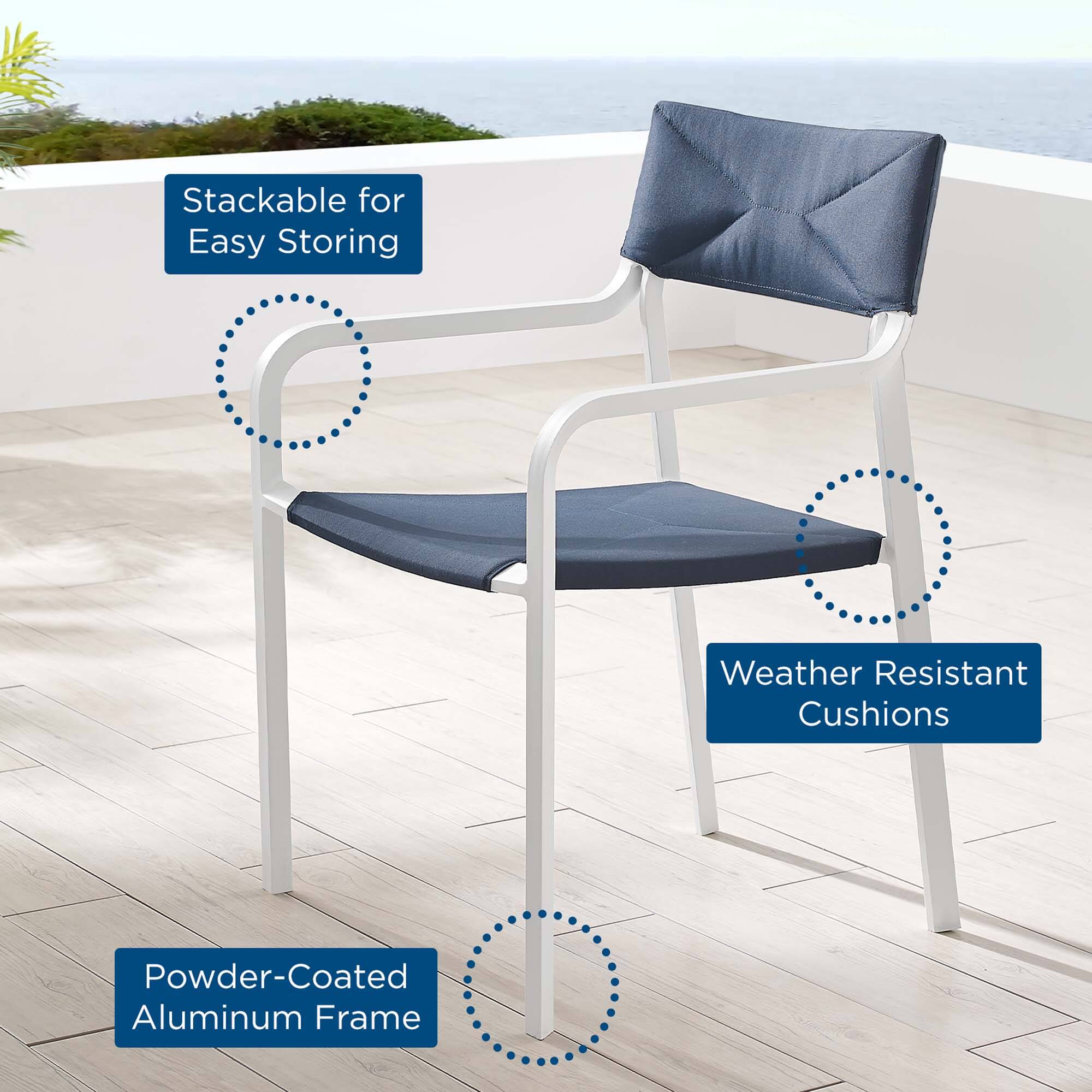 - Stackable for Easy Storing
- Weather Resistant Cushions
- Powder-Coated Aluminum Frame