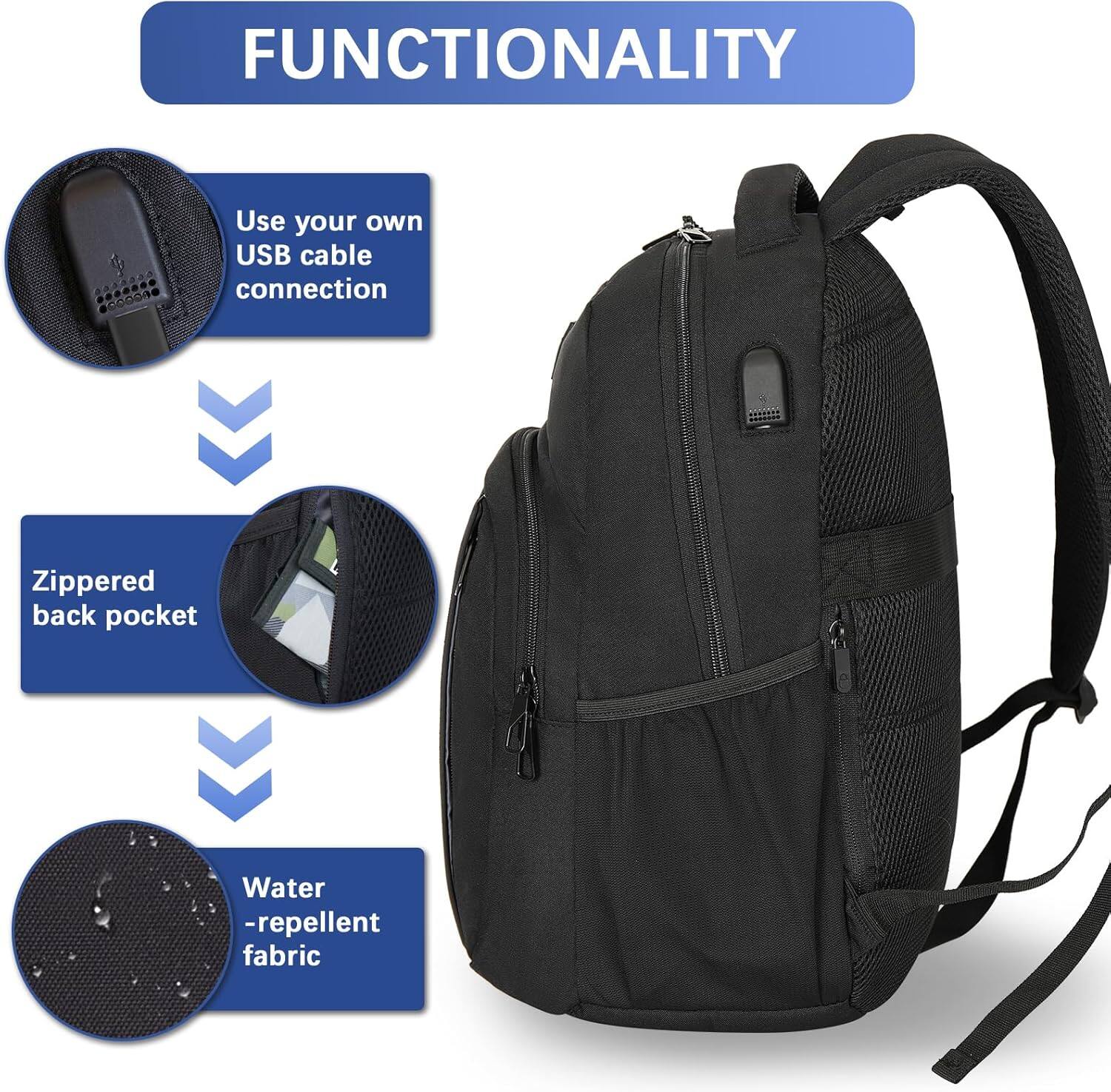 FUNCTIONALITY

- Use your own USB cable connection
- Zippered back pocket
- Water-repellent fabric