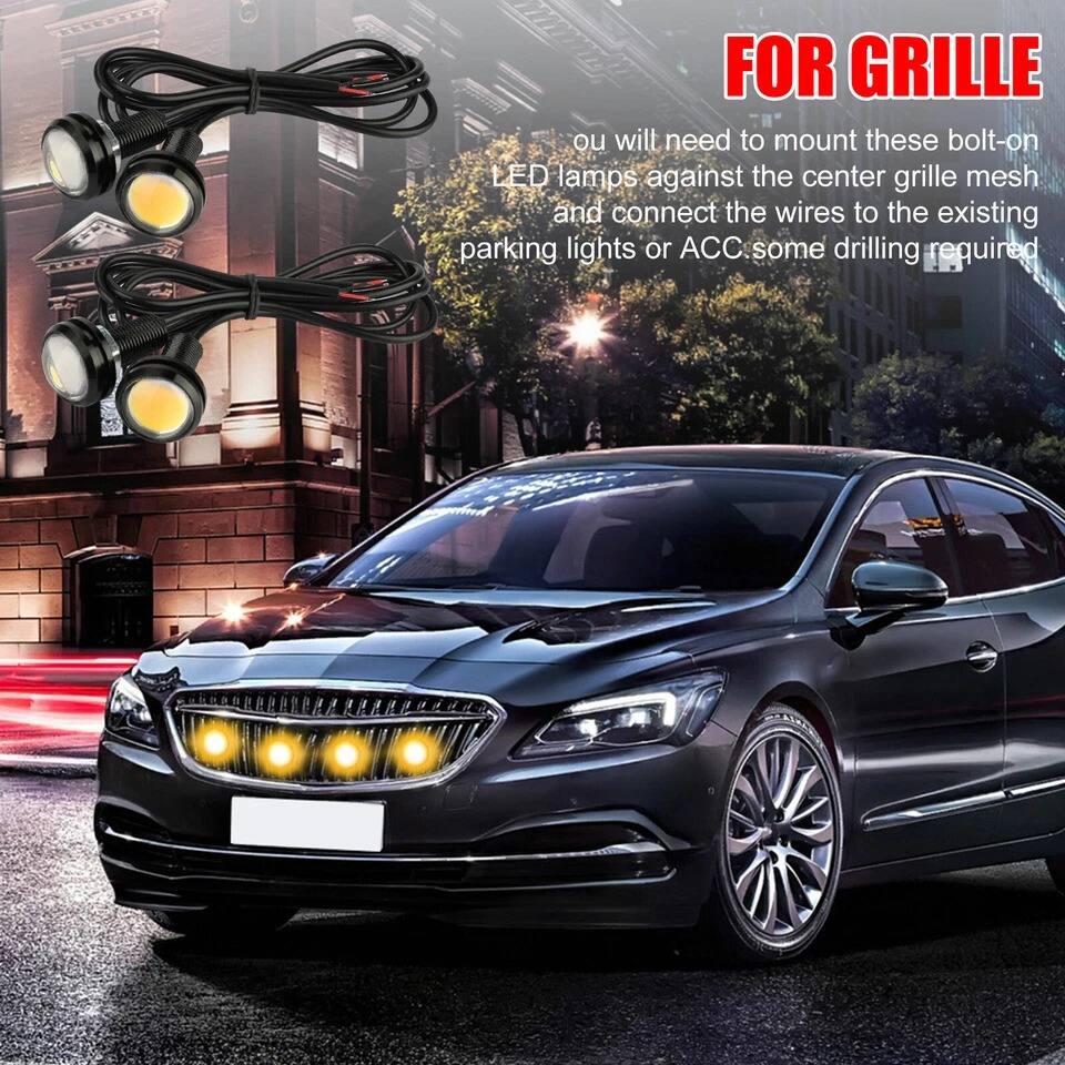 FOR GRILLE

You will need to mount these bolt-on LED lamps against the center grille mesh and connect the wires to the existing parking lights or ACC. Some drilling required.