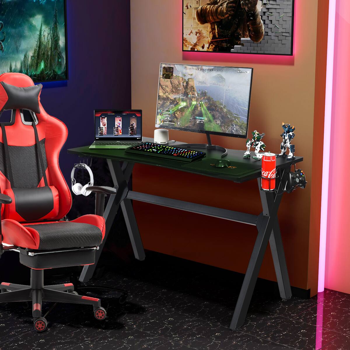 Left. Costway - Gaming Desk with Cup Holder - Black.