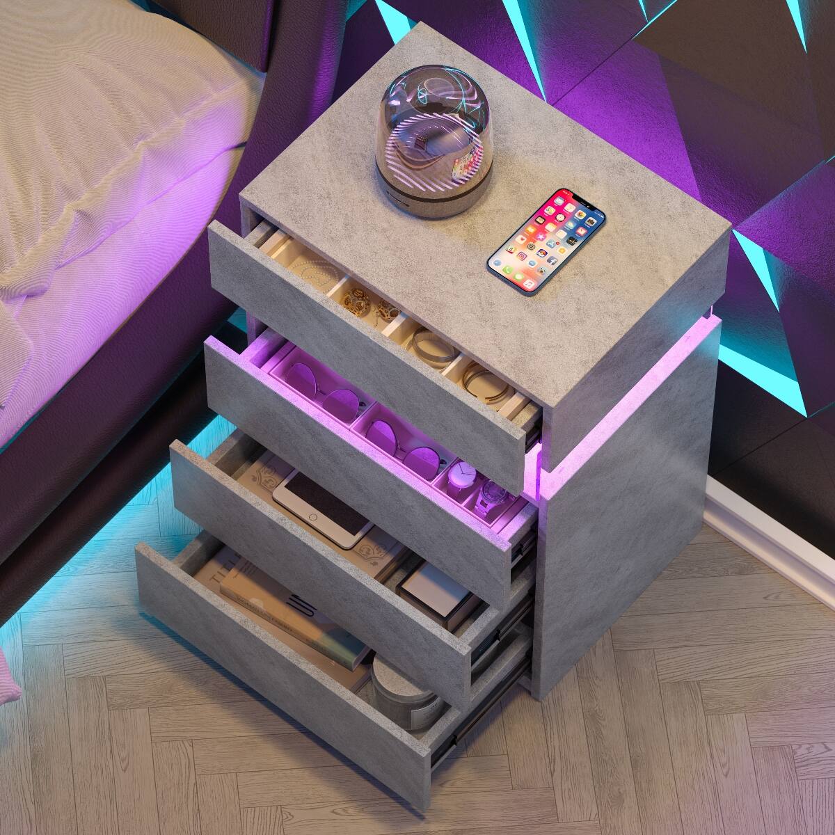 Alt View 1. Loheer - Loheer Grey LED Nightstand, Bedside Table with 4 Drawers, Modern Bedroom Cabinet - Grey.