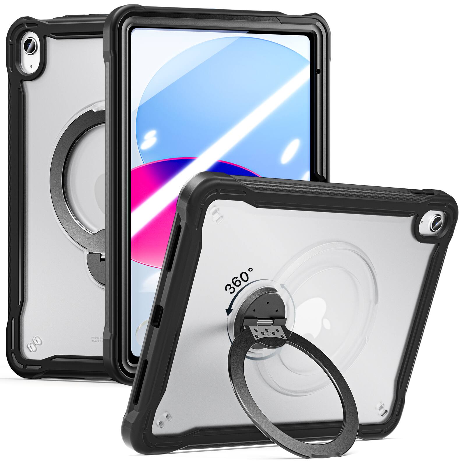 Angle. Dteck - Rugged Case For Apple iPad (A16) 11" 2025/iPad 10th ,Built-in Screen Protector, Shockproof 360° Rotating Hand Grip Cover - Black.