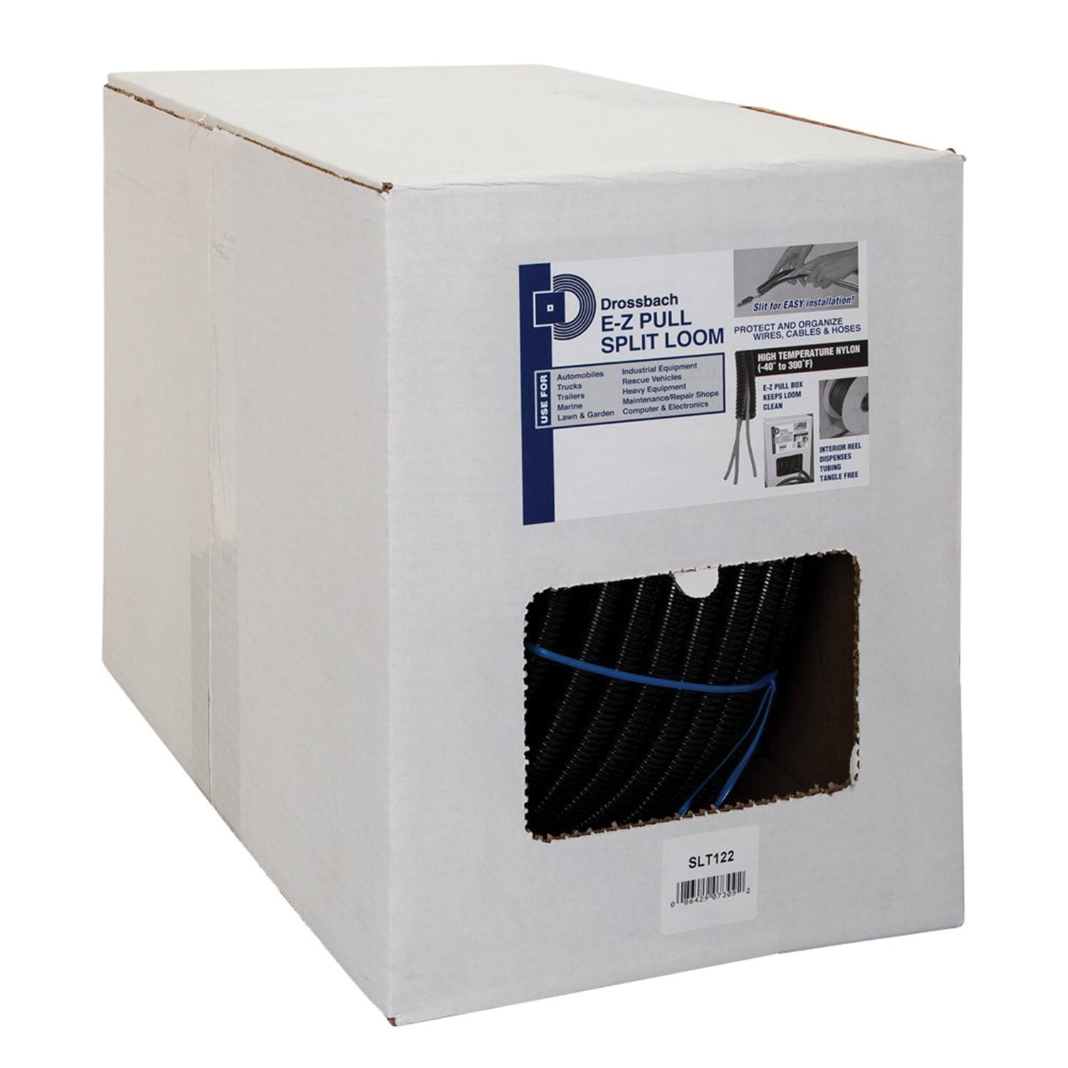 Drossbach E-Z PULL SPLIT LOOM

Protect and organize hoses, cables, and wires. Split temperature nylon.

- Automobiles
- Industrial
- Trucks
- Heavy Equipment
- Marine
- Garden
- Computer & Electronics

Easy to install. Clear. Interior reel dispenser. Table free.

SLT122