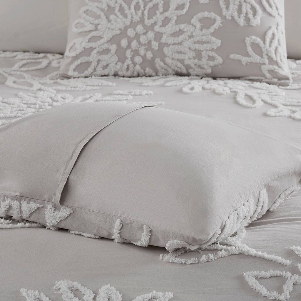 Alt View 3. Gracie Mills - Gracie Mills Anita 3-Piece Tufted Cotton Chenille Floral Duvet Cover Set - Warm Grey/White.