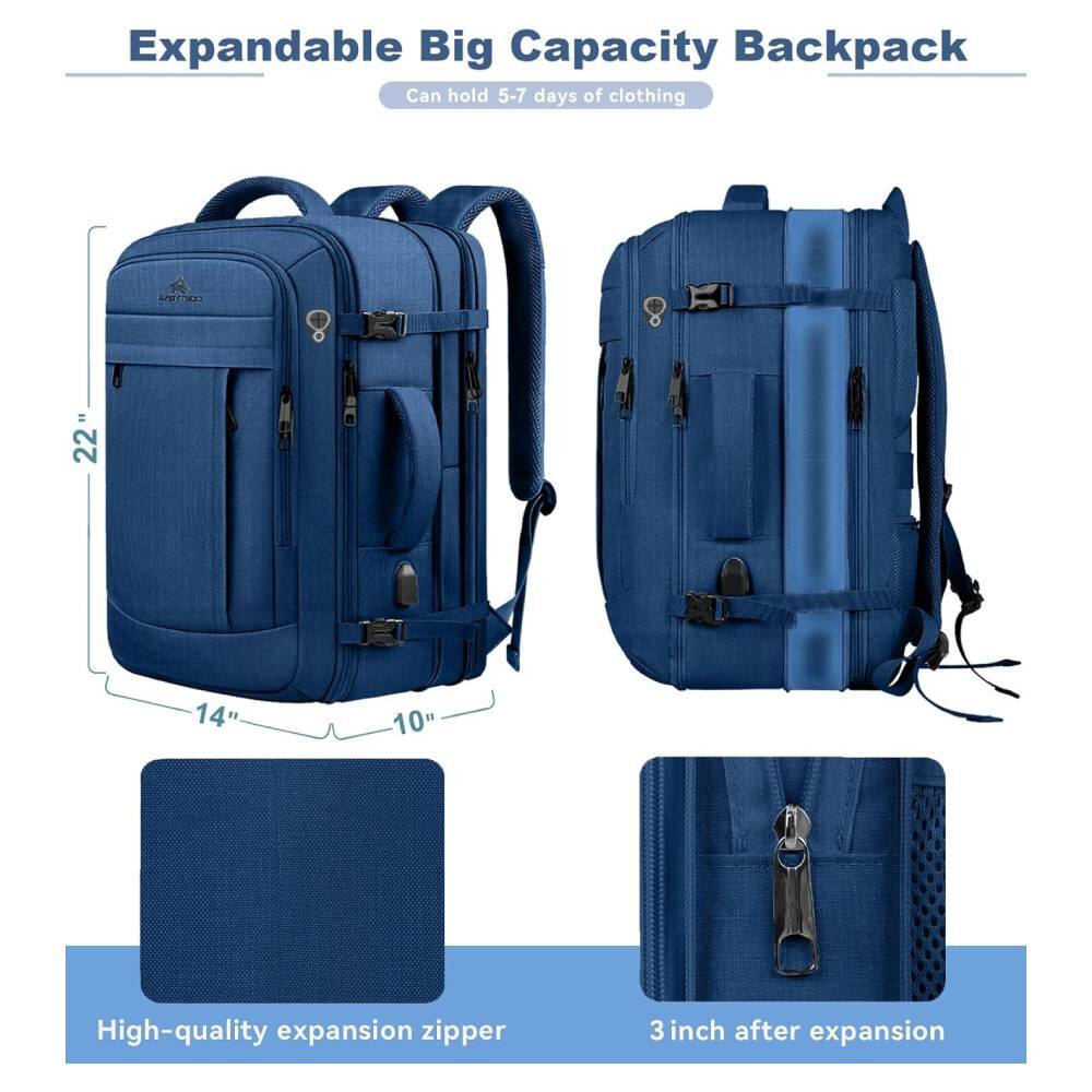 Expandable Big Capacity Backpack  
Can hold 5-7 days of clothing  

22"  
14"  
10"  

High-quality expansion zipper  
3 inch after expansion