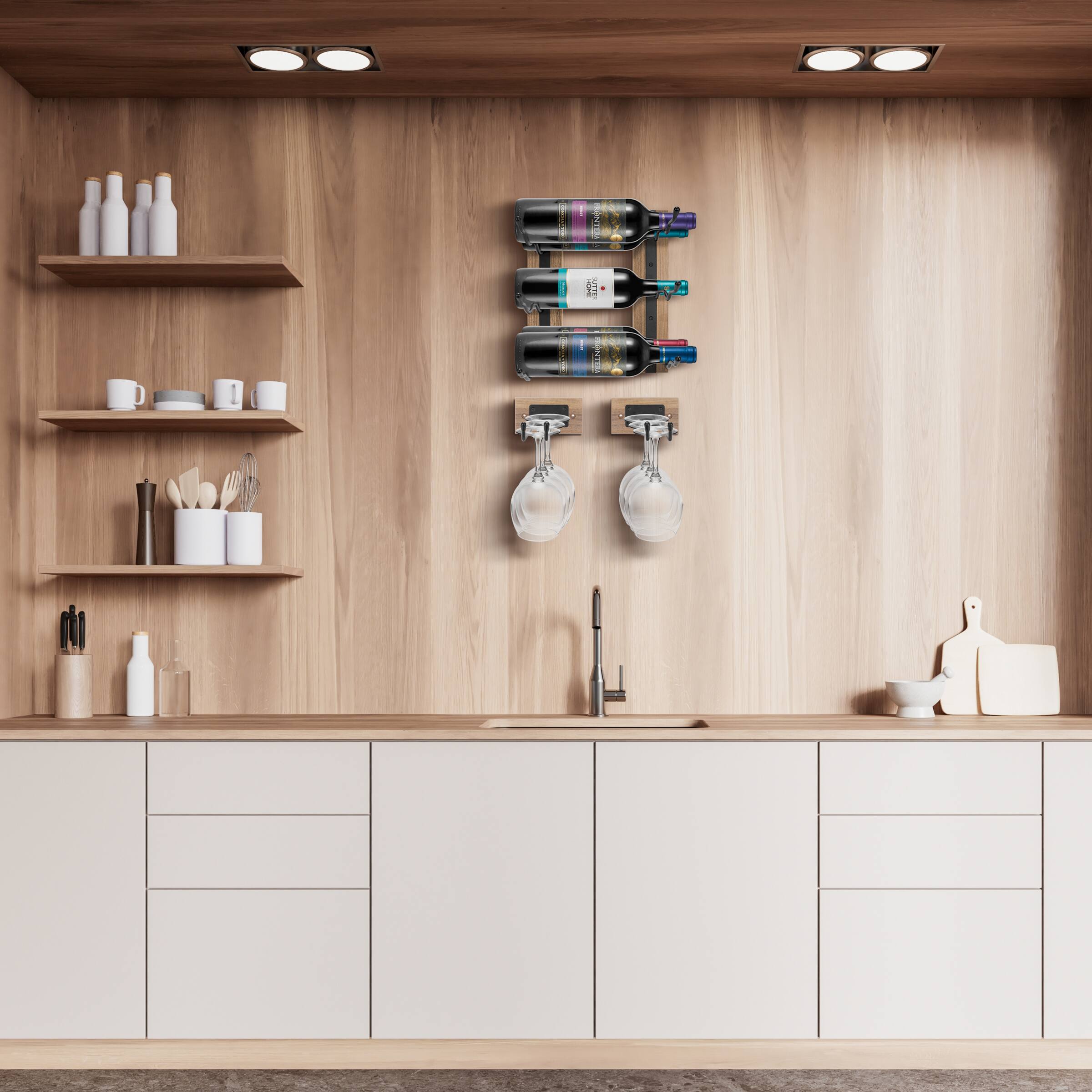 Alt View 4. Sorbus - Sorbus Wall Mounted Wine Rack + Stemware Rack Set - Wire & Wood Wine Rack Wall Mounted for Bottles, Liquor, Champagne - Mahogany.