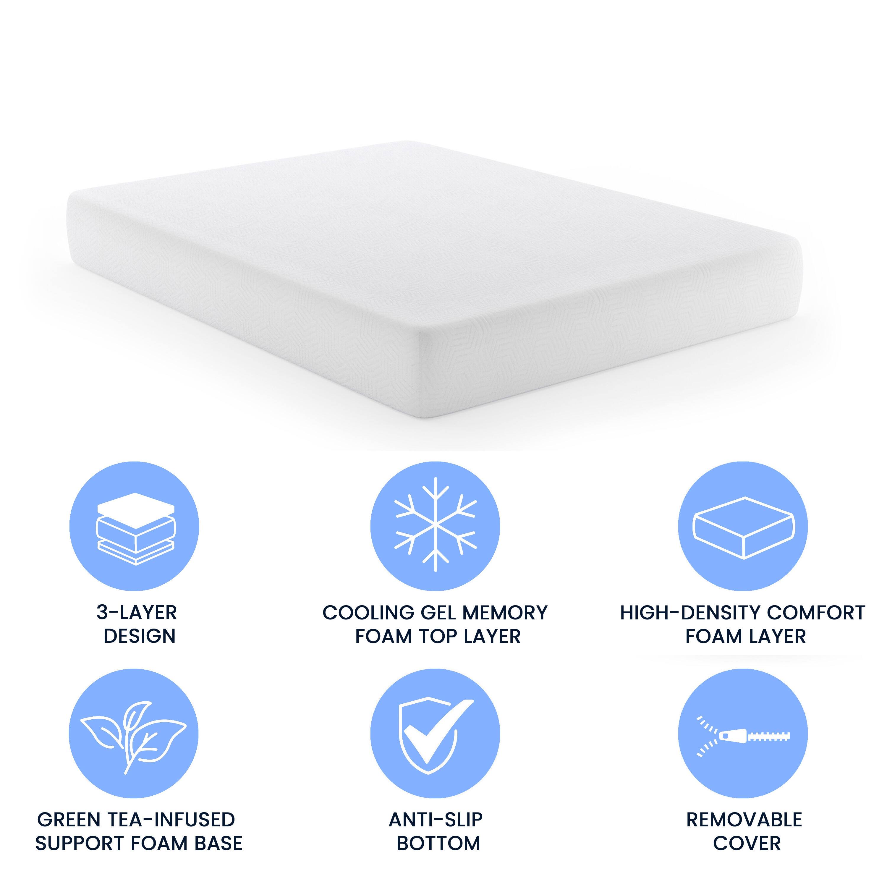 3-Layer Design  
Cooling Gel Memory Foam Top Layer  
High-Density Comfort Foam Layer  
Green Tea-Infused Support Foam Base  
Anti-Slip Bottom  
Removable Cover