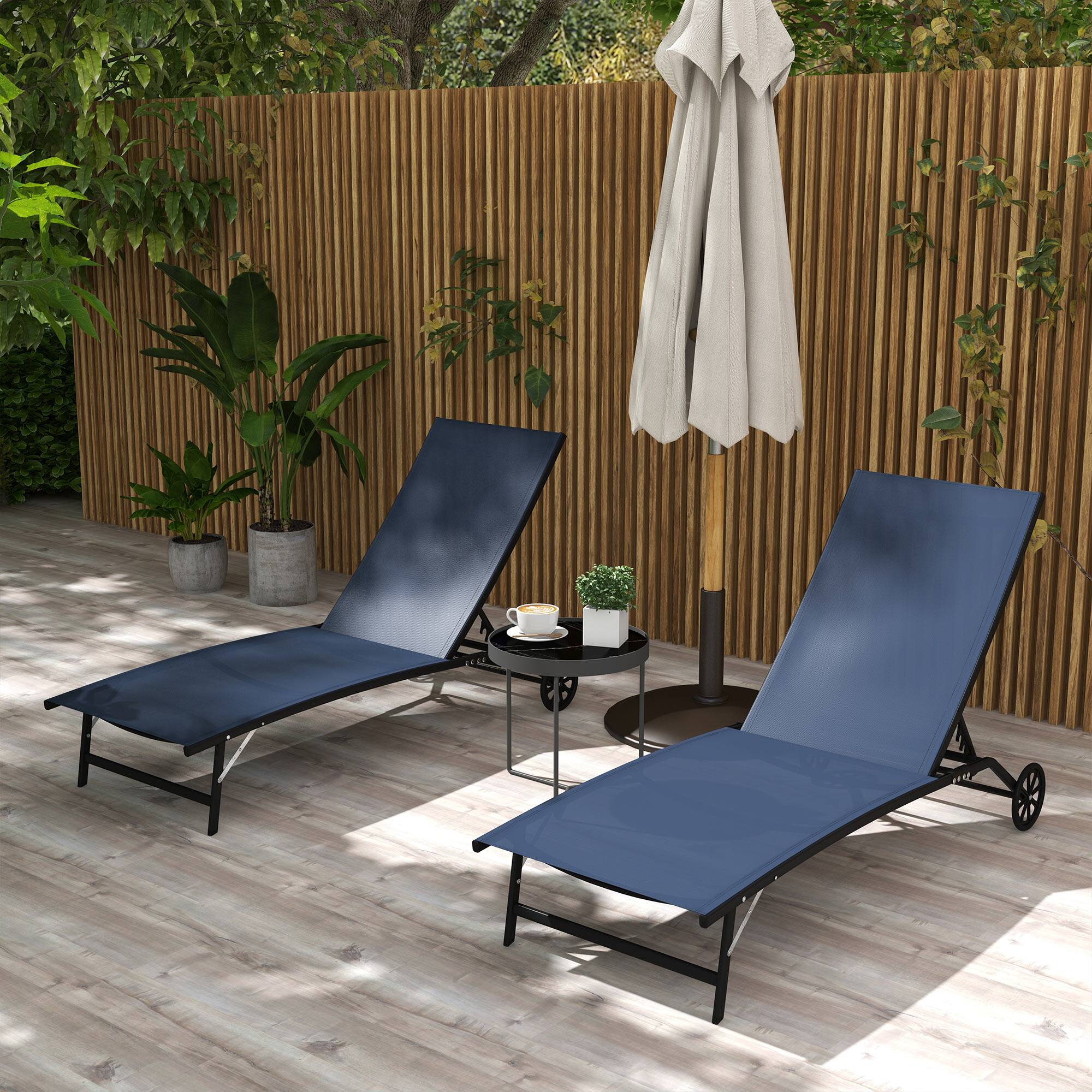Alt View 1. Outsunny - Chaise Lounge Outdoor, 2 Piece Lounge Chair with Wheels, Tanning Chair with 5 Adjustable Positions - Dark Blue.