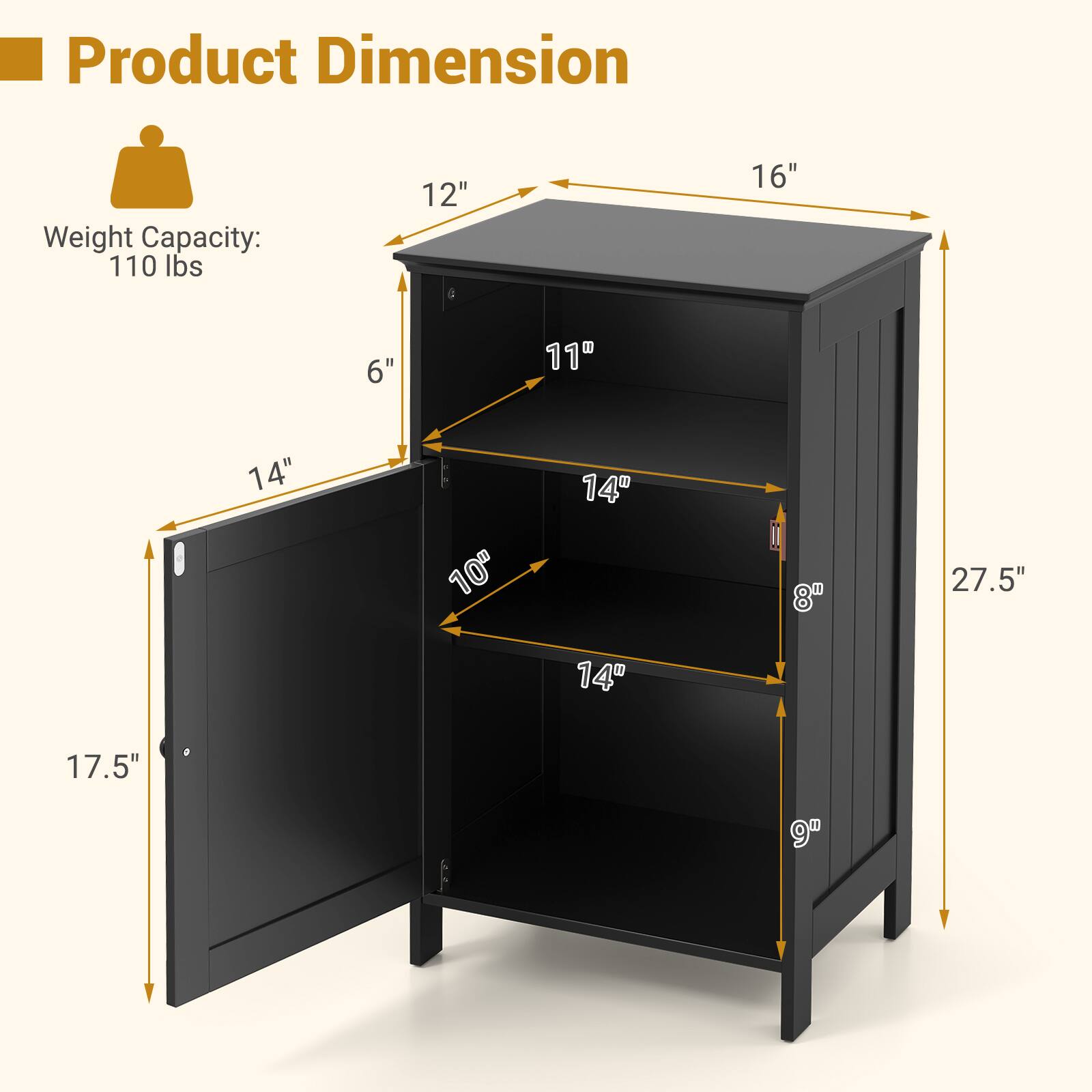 Product Dimension

Weight Capacity: 110 lbs

- Width: 16"
- Depth: 12"
- Height: 27.5"
- Door Height: 17.5"
- Door Width: 14"
- Shelf 1: 14" x 11"
- Shelf 2: 14" x 10"
- Shelf 3: 14" x 9"
- Drawer: 14" x 8" x 6"