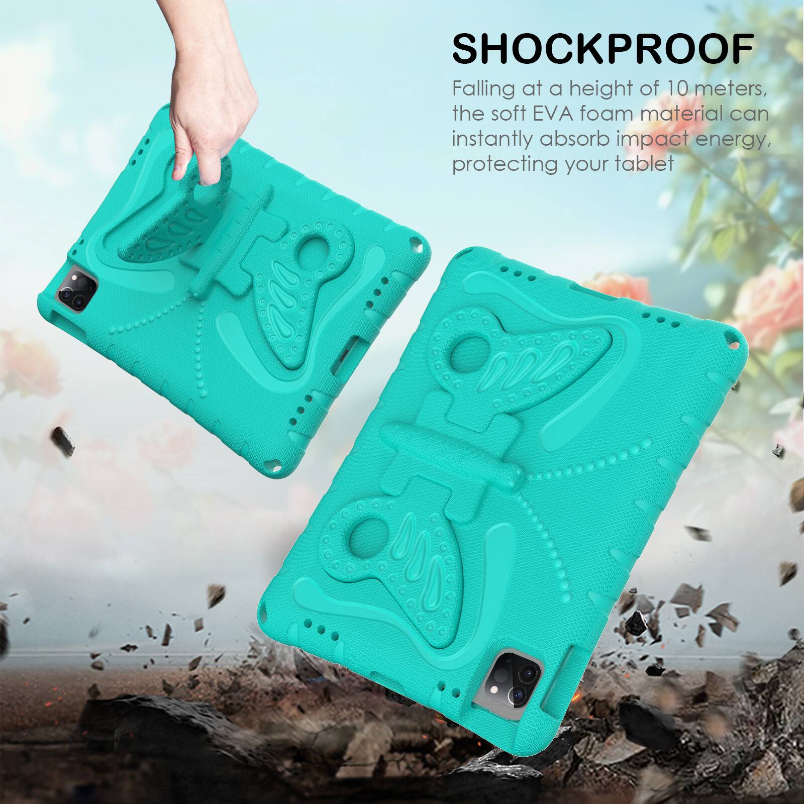 SHOCKPROOF

Falling at a height of 10 meters, the soft EVA foam material can instantly absorb impact energy, protecting your tablet.