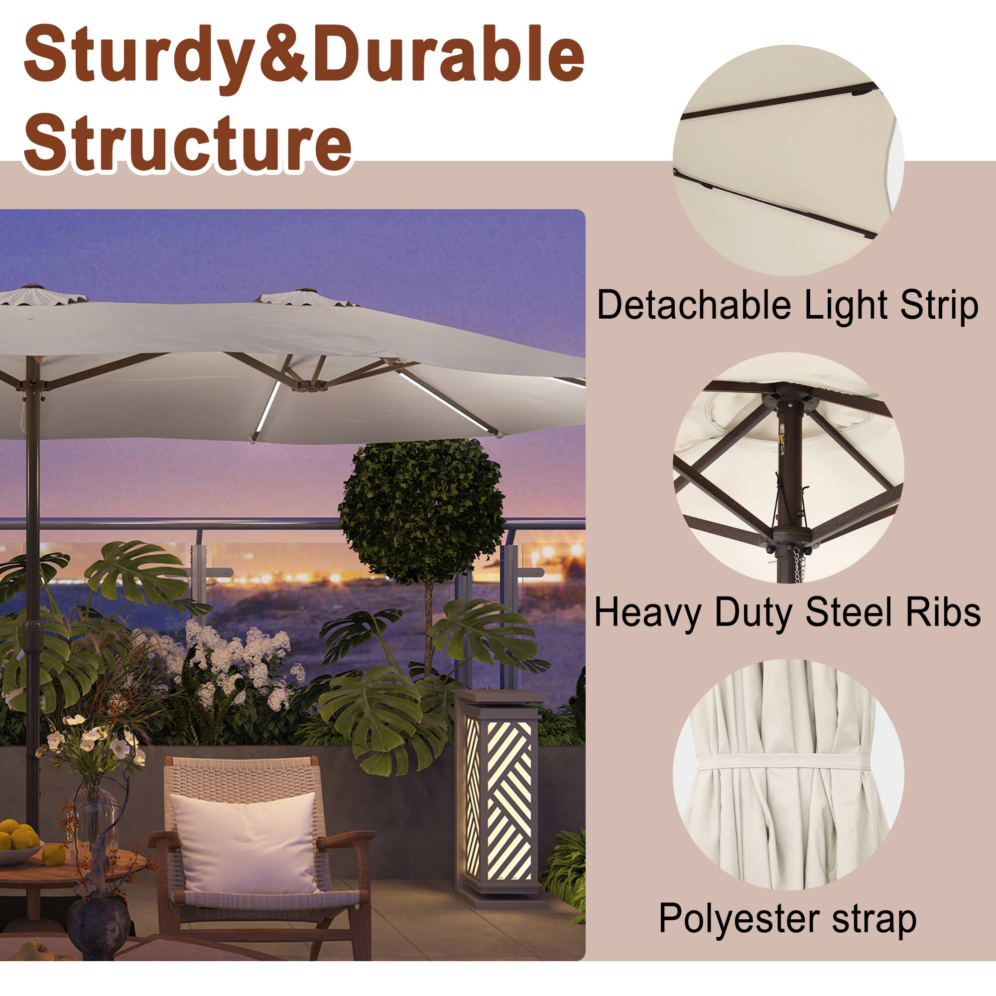 Sturdy & Durable Structure

- Detachable Light Strip
- Heavy Duty Steel Ribs
- Polyester strap