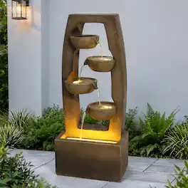 Anysun - Modern Outdoor Water Fountain with Lights – 4-Tier Cascading Bowl Waterfall Freestanding Garden Fountain - Brown