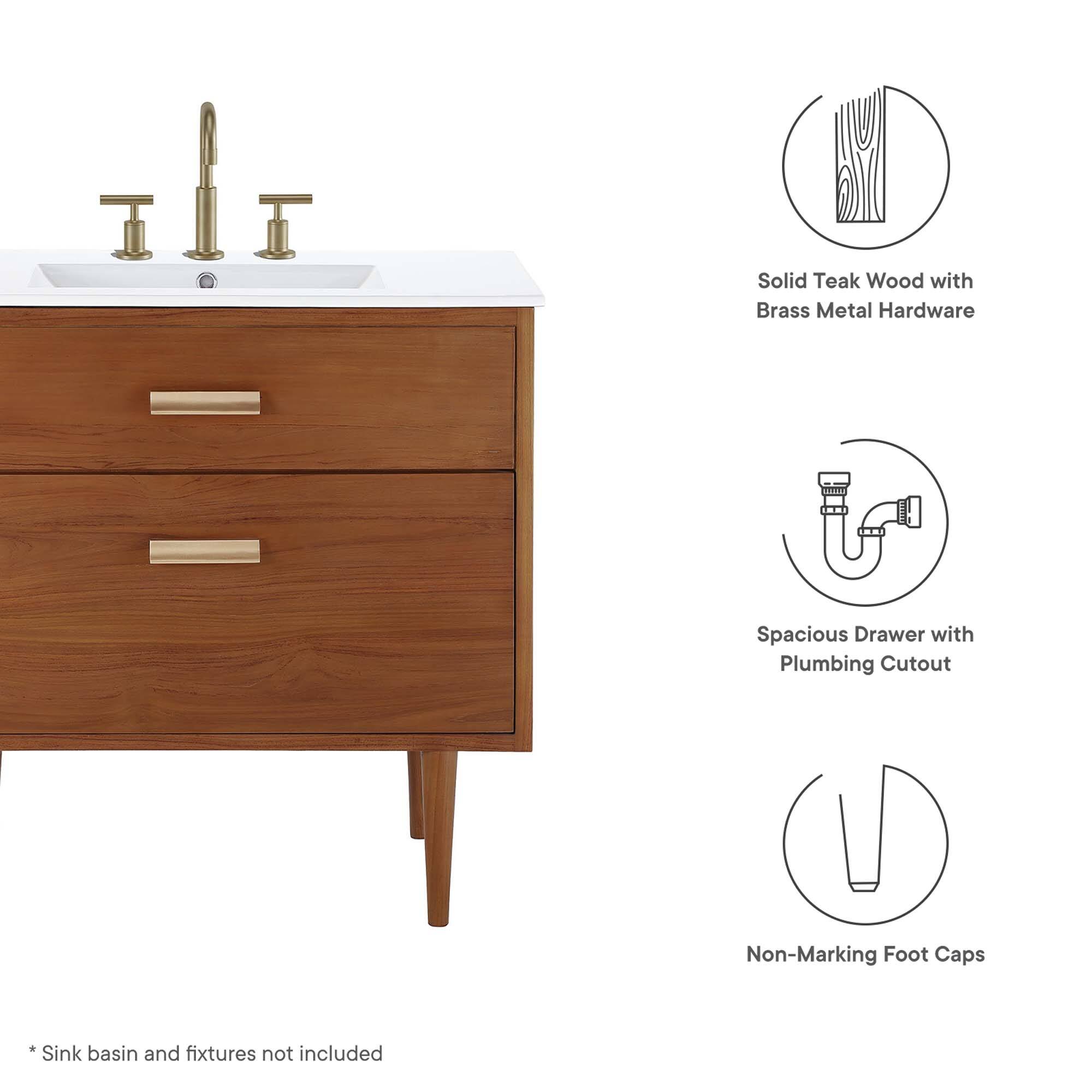 Solid Teak Wood with Brass Metal Hardware  
Spacious Drawer with Plumbing Cutout  
Non-Marking Foot Caps  

Sink basin and fixtures not included