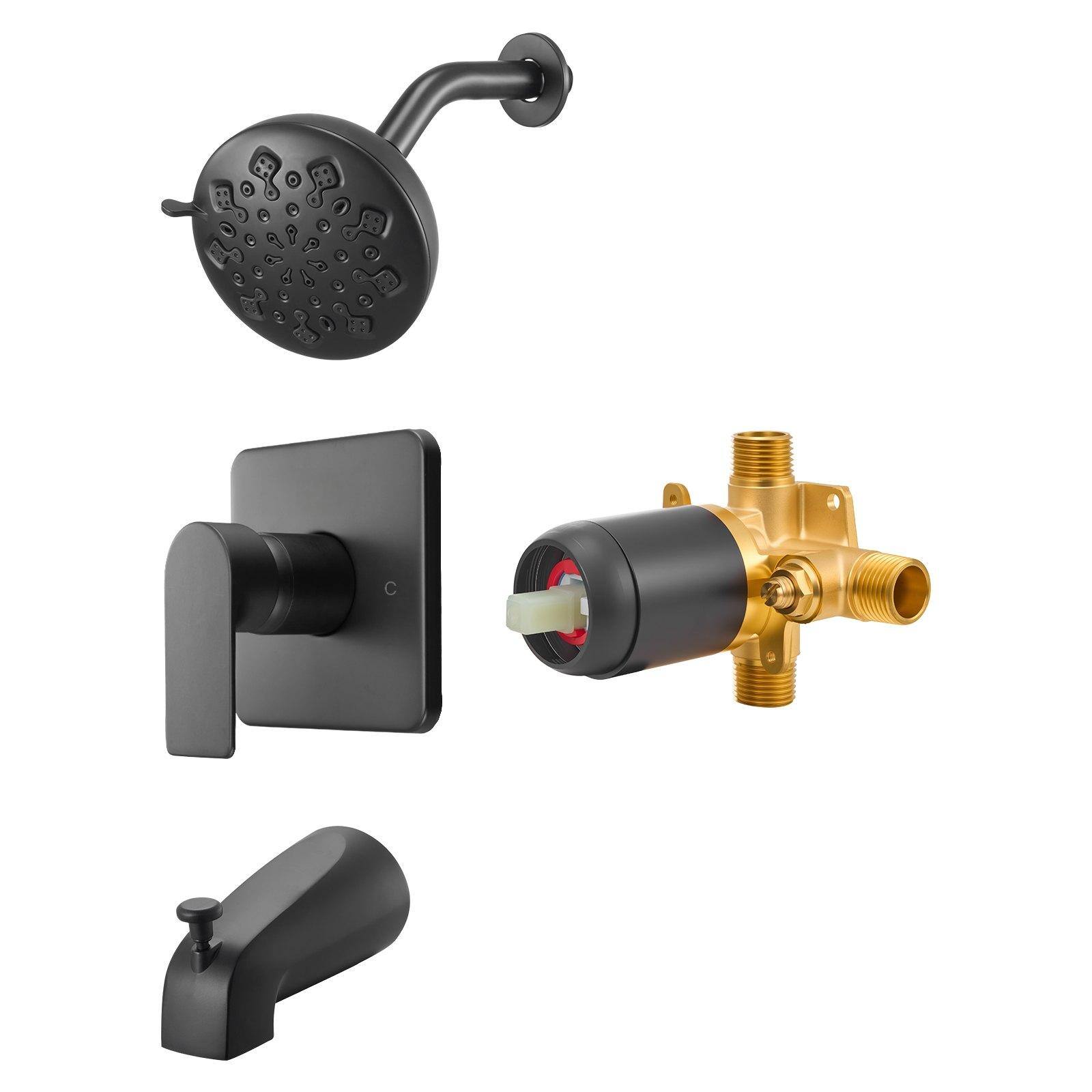 Alt View 8. Glintex - Tub and Shower Faucet Set, 5 in Rain Shower Head with Tub Spout, 8 Setting Spray, Brass Pressure Balancing Valve - Matte Black.